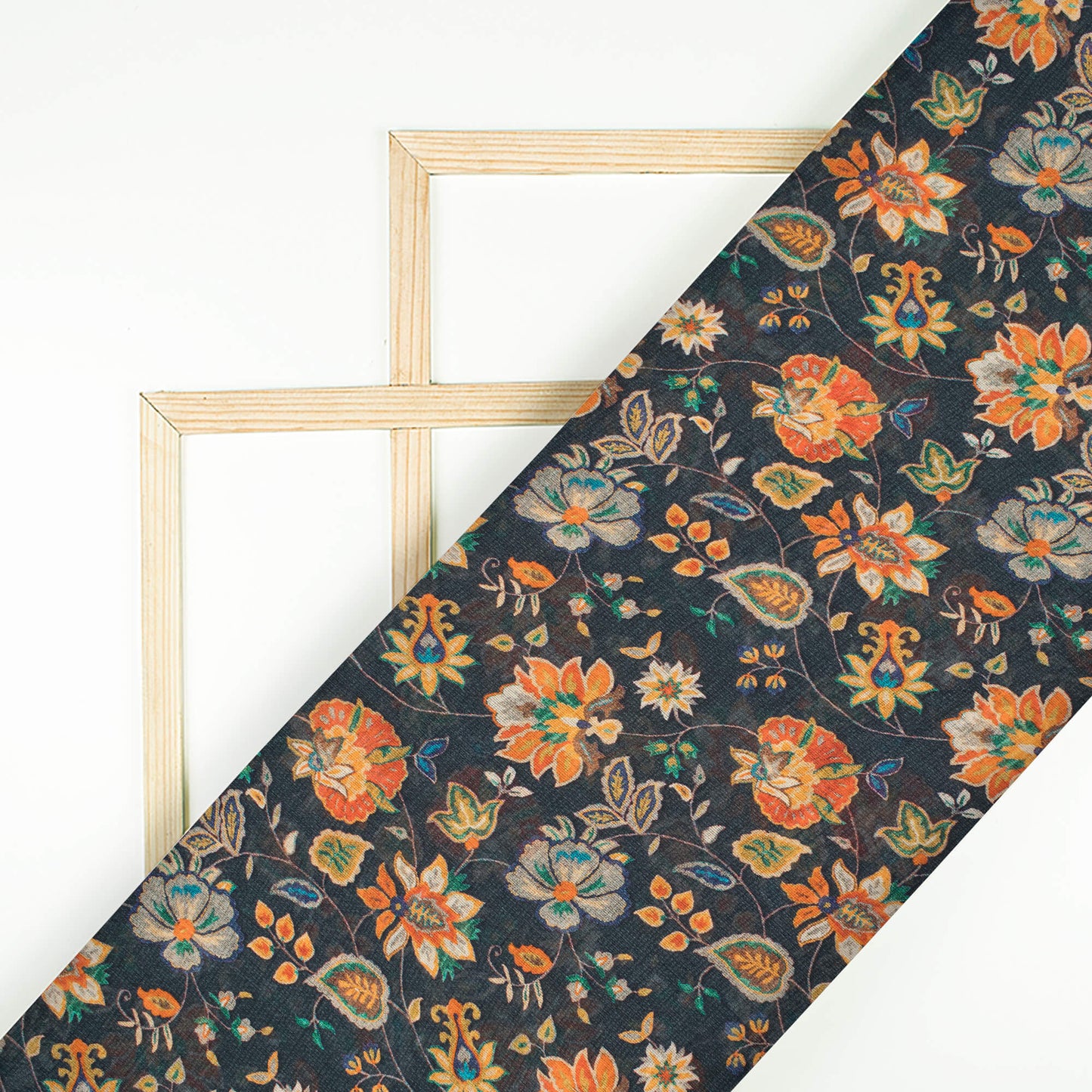 Dark Green And Orange Floral Pattern Digital Print Pure Cotton Mulmul Fabric - Fabcurate