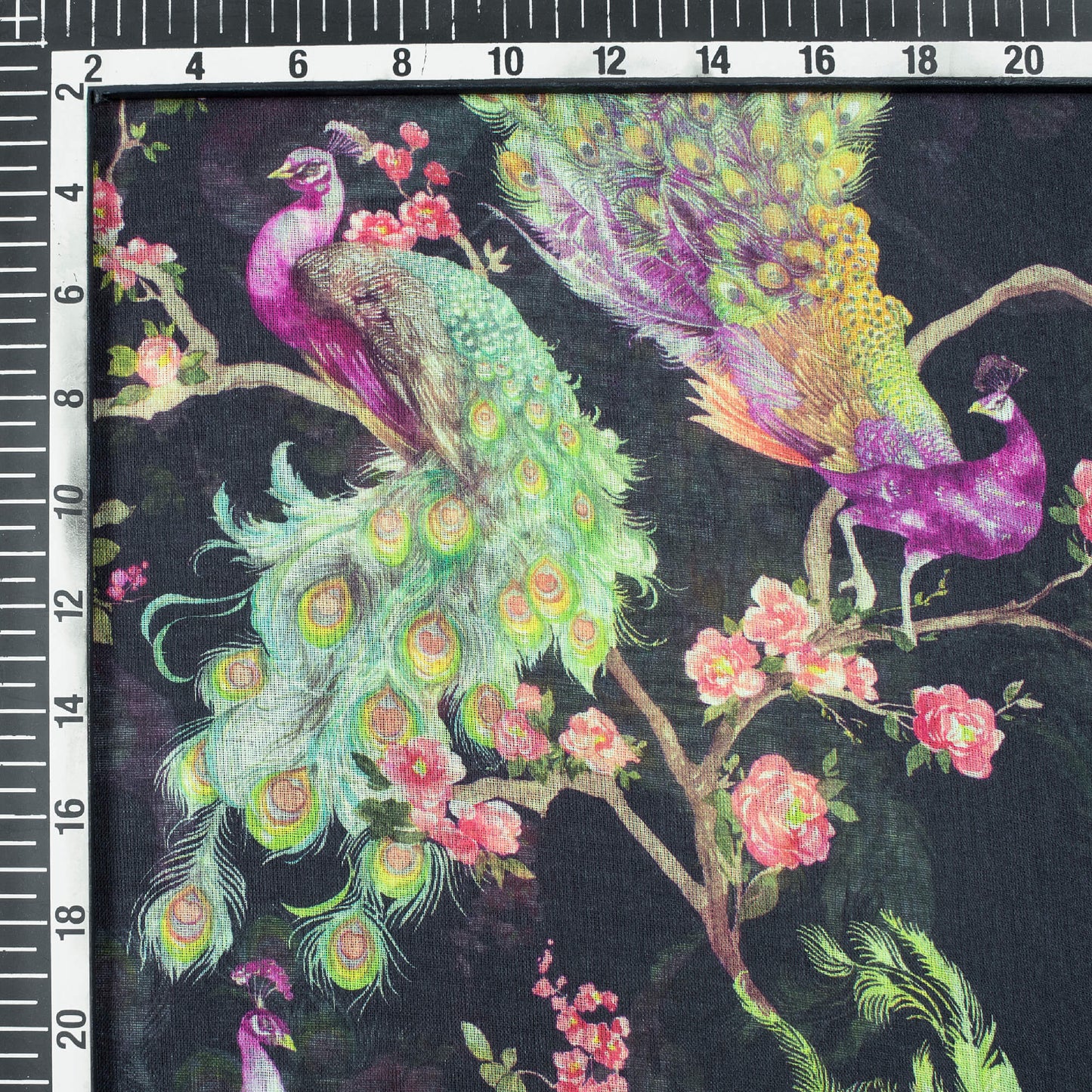 Black And Paris Green Peacock Feather Pattern Digital Print Pure Cotton Mulmul Fabric - Fabcurate