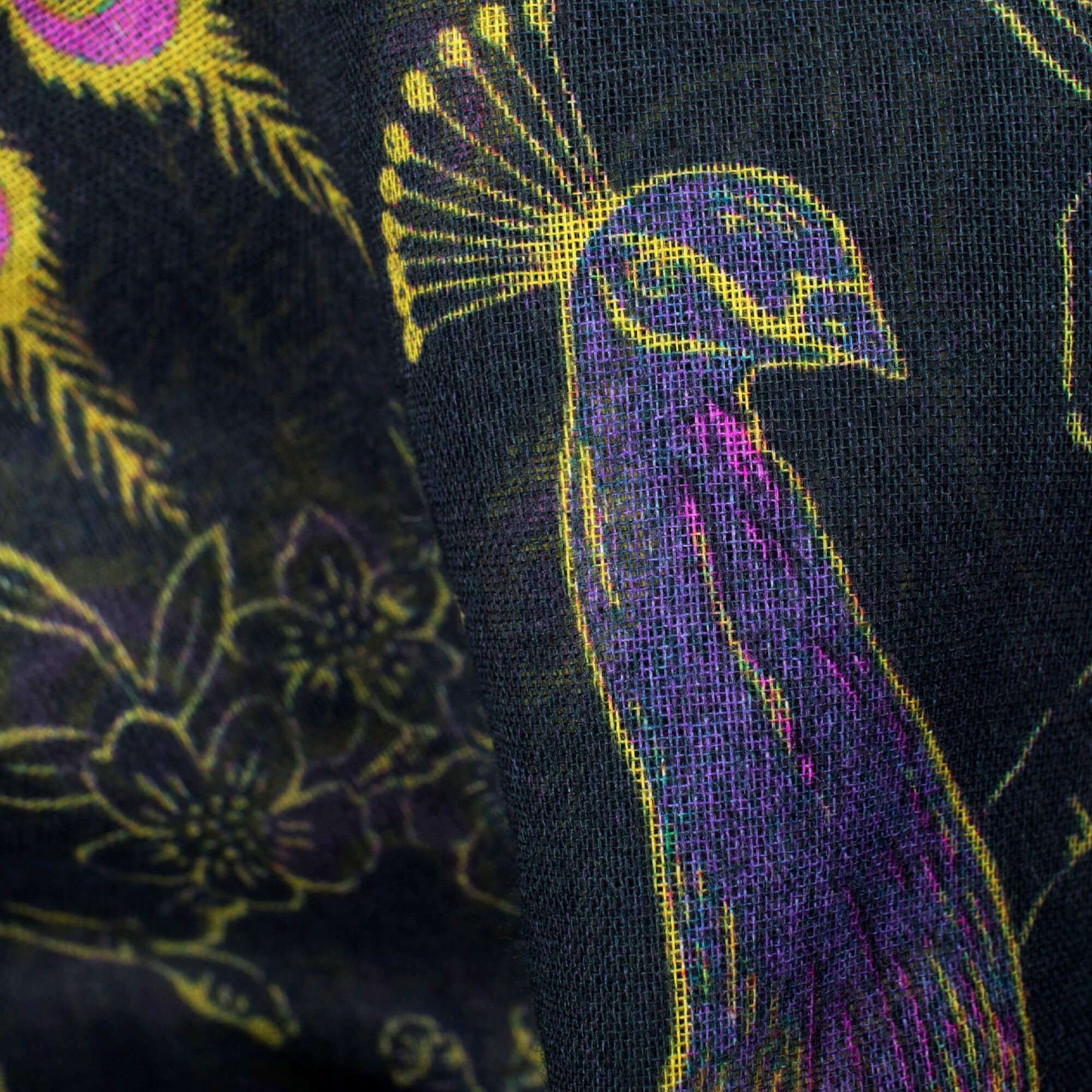 Black And Purple Peacock Feather Pattern Digital Print Pure Cotton Mulmul Fabric - Fabcurate