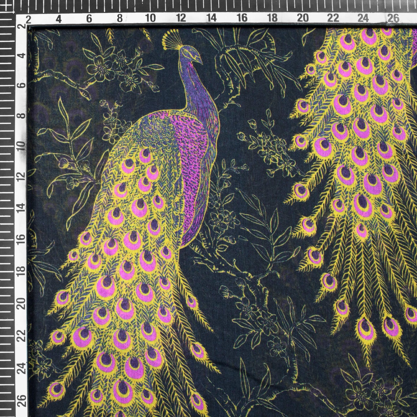 Black And Purple Peacock Feather Pattern Digital Print Pure Cotton Mulmul Fabric - Fabcurate