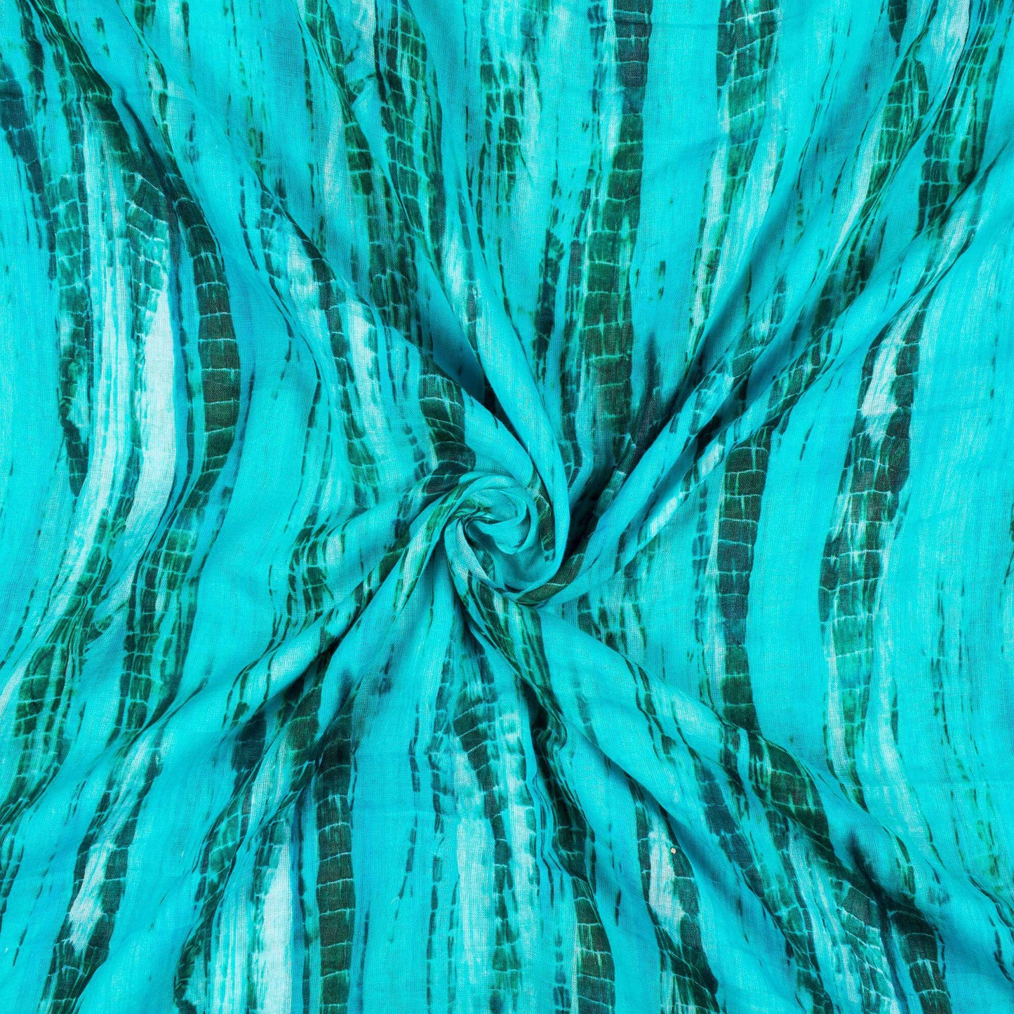 Turuoise Blue And Green Shibori Pattern Digital Print Pure Cotton Mulmul Fabric - Fabcurate