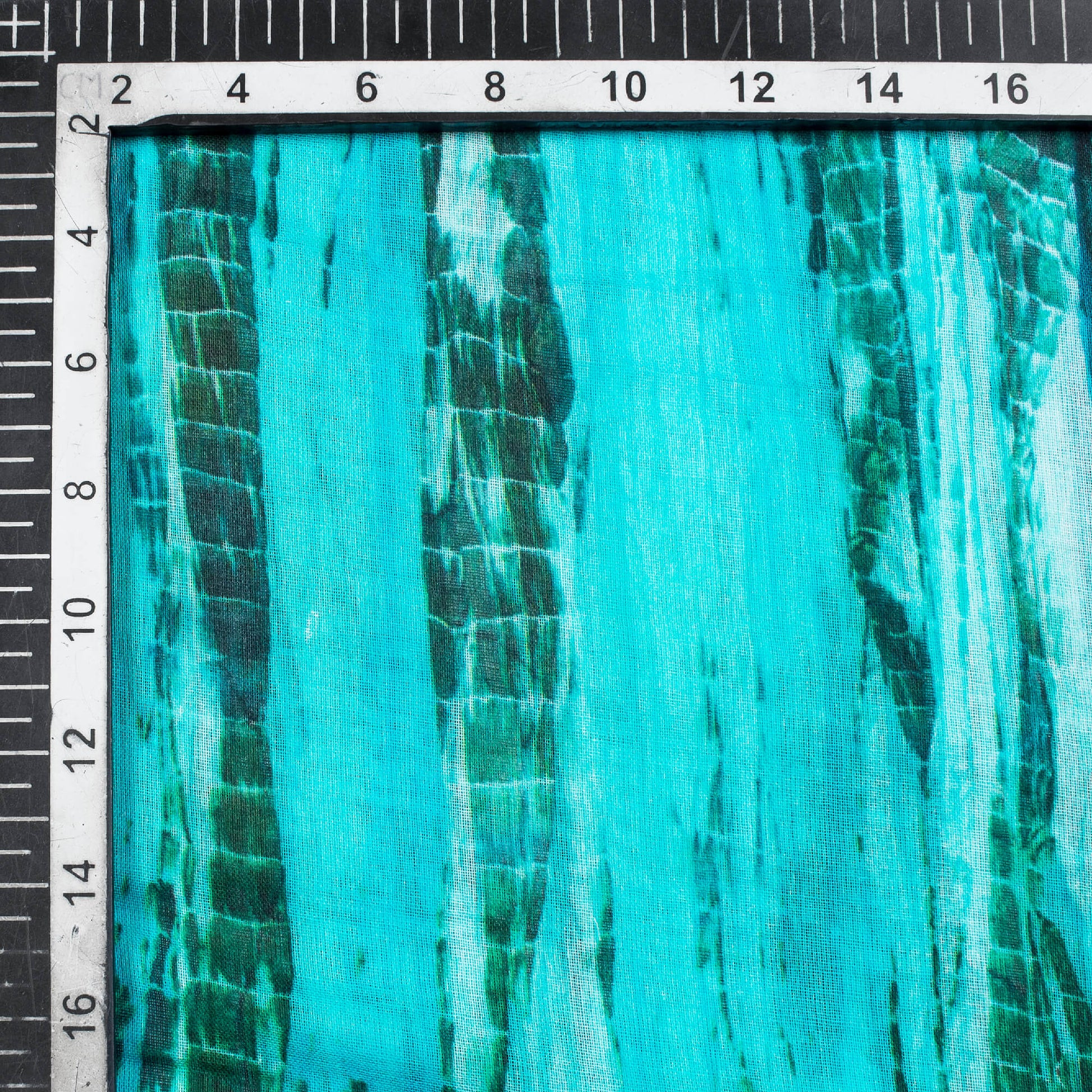 Turuoise Blue And Green Shibori Pattern Digital Print Pure Cotton Mulmul Fabric - Fabcurate