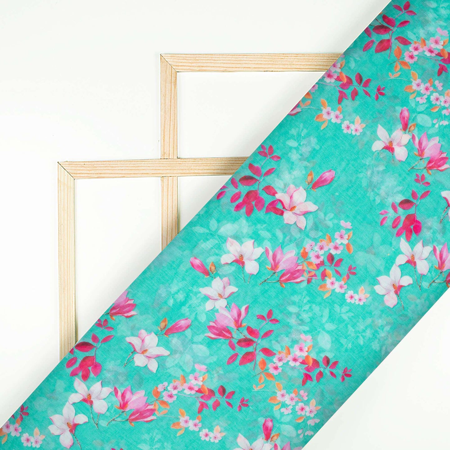 Turquoise Blue And Magenta Pink Floral Pattern Digital Print Pure Cotton Mulmul Fabric - Fabcurate