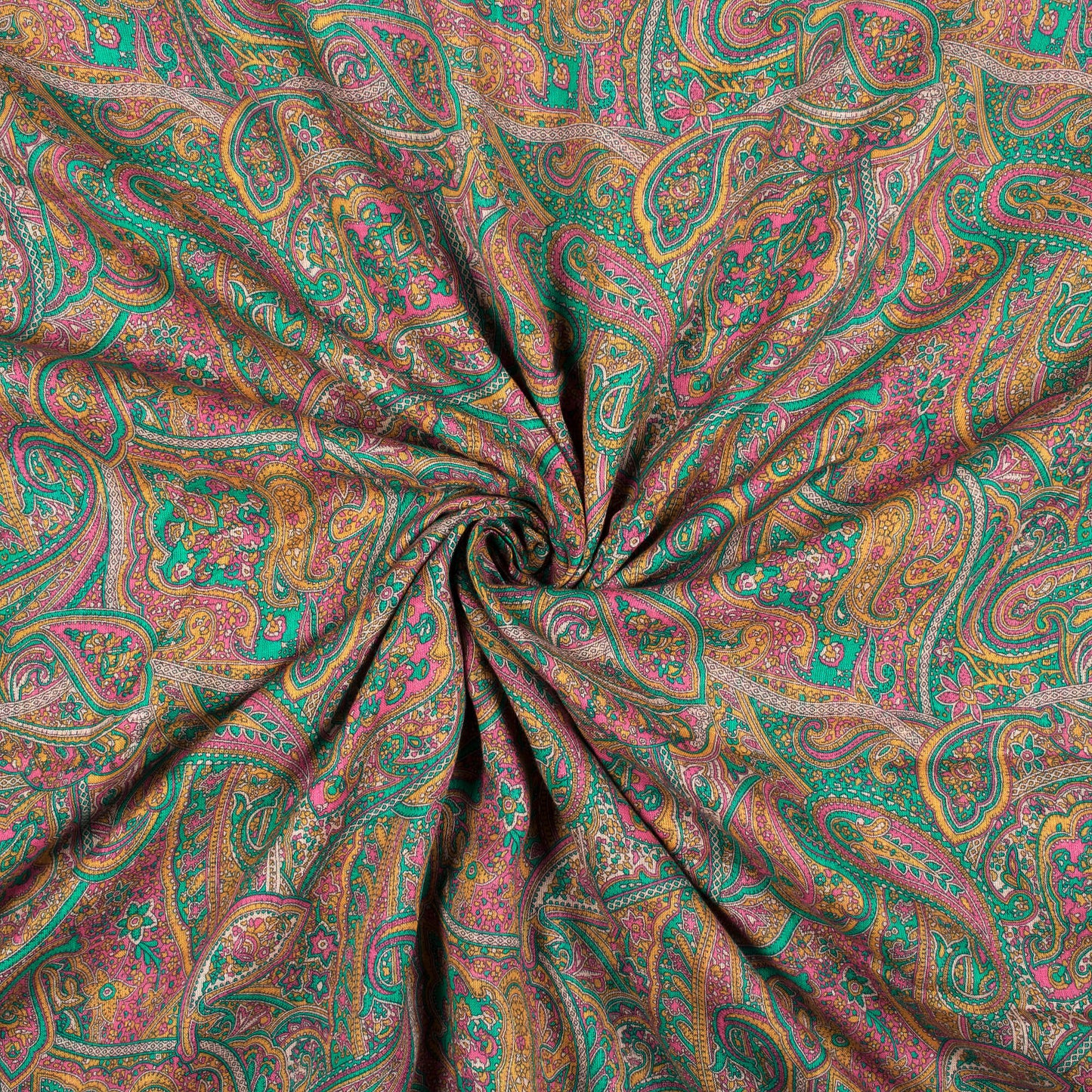 Mustard Yellow And Turquoise Blue Paisley Pattern Digital Print Pure Cotton Mulmul Fabric