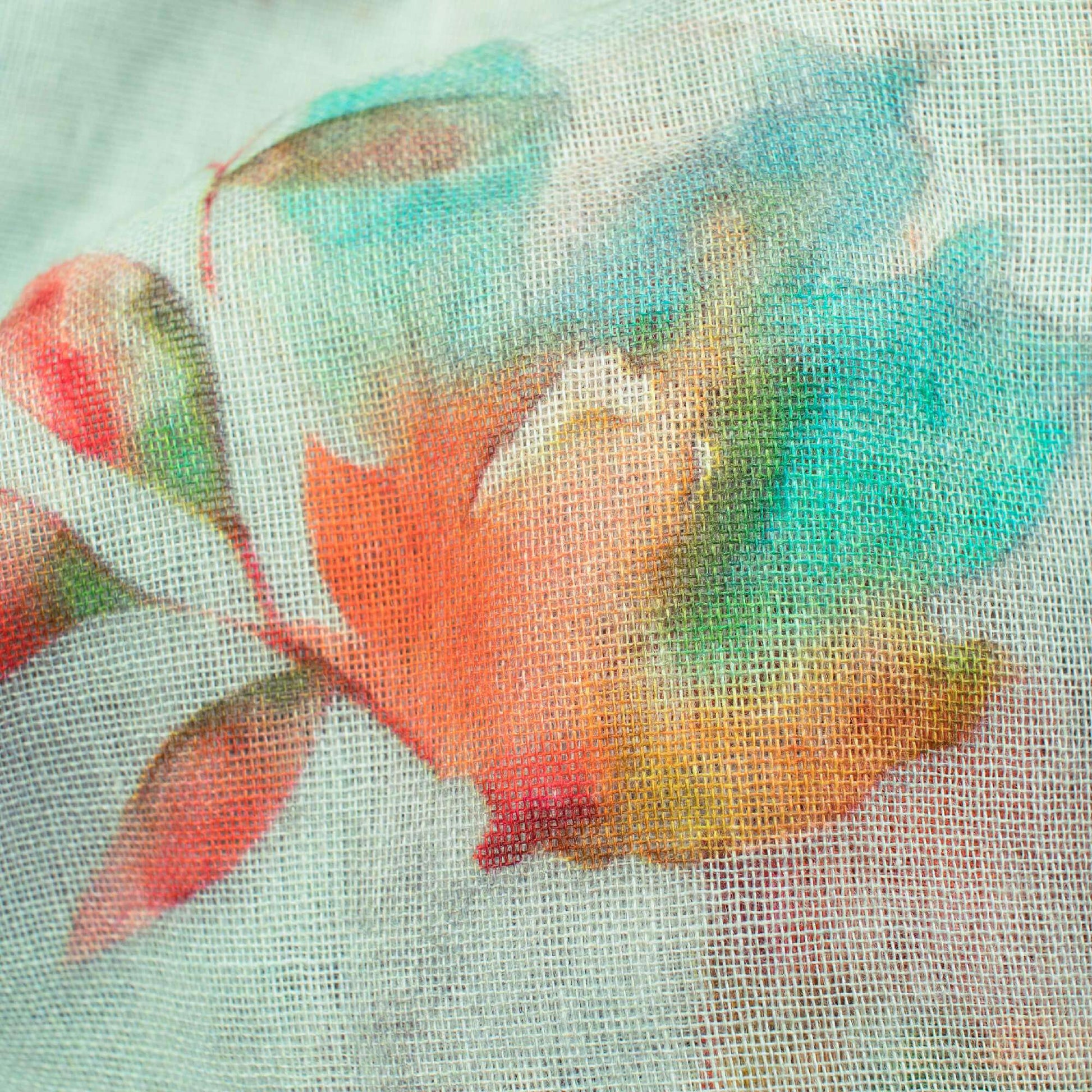Pale Blue And Orange Leaf Pattern Digital Print Pure Cotton Mulmul Fabric - Fabcurate