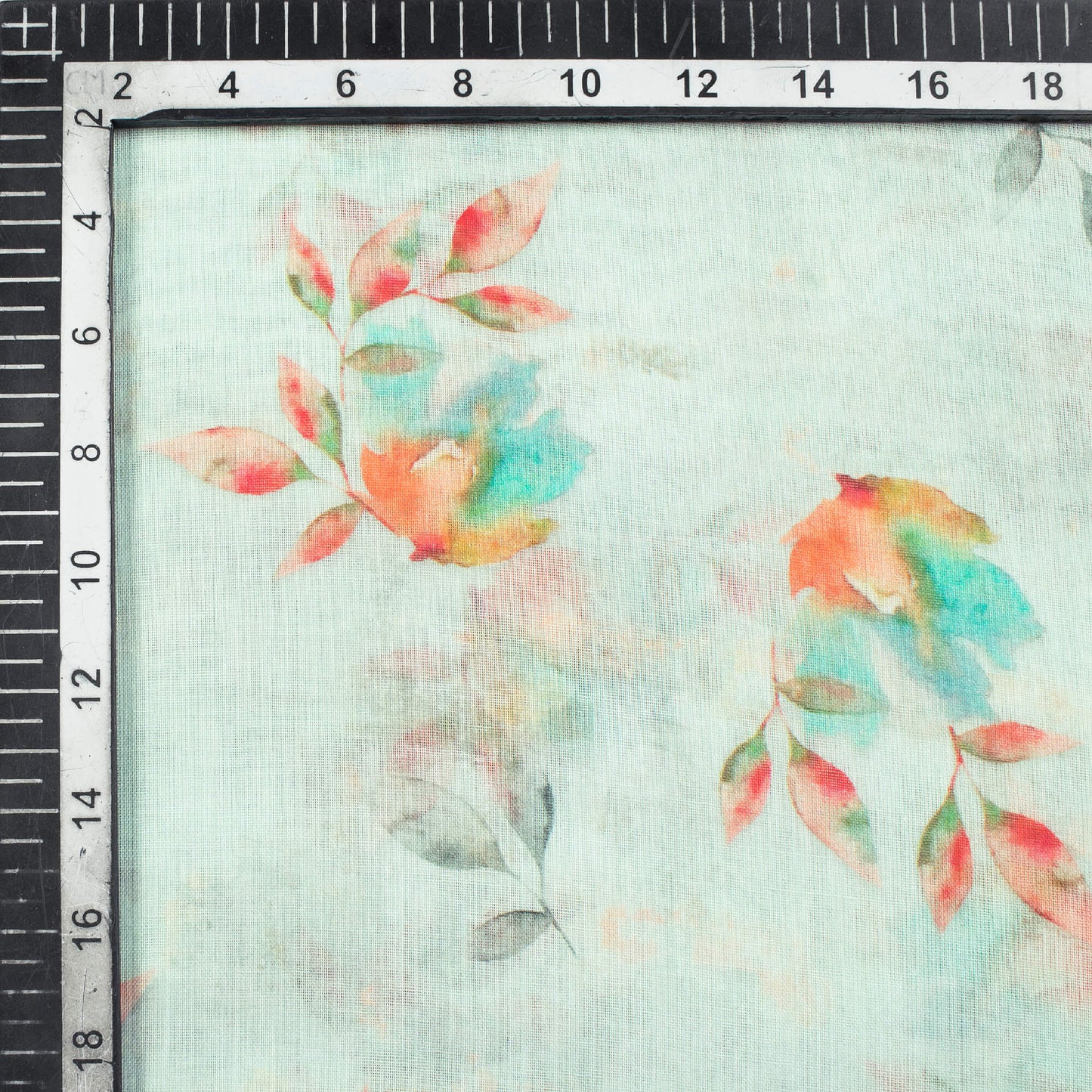 Pale Blue And Orange Leaf Pattern Digital Print Pure Cotton Mulmul Fabric - Fabcurate