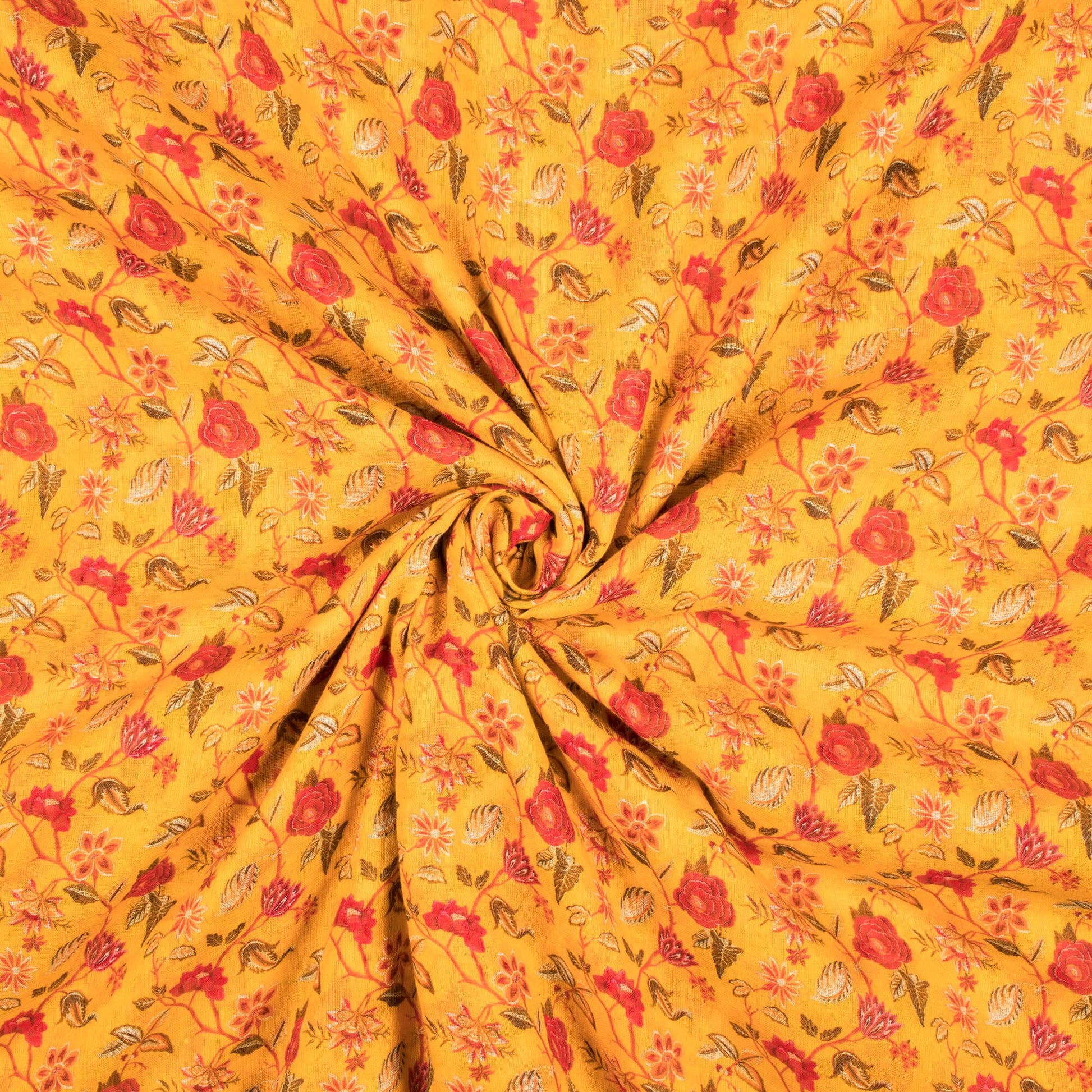 Merigold Yellow And Red Floral Pattern Digital Print Pure Cotton Mulmul Fabric - Fabcurate