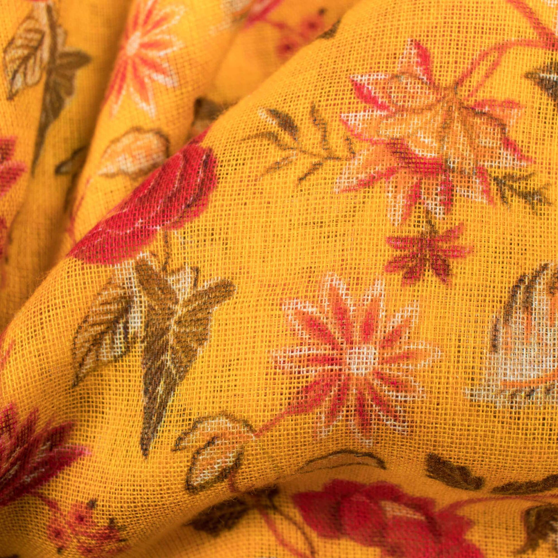 Merigold Yellow And Red Floral Pattern Digital Print Pure Cotton Mulmul Fabric - Fabcurate