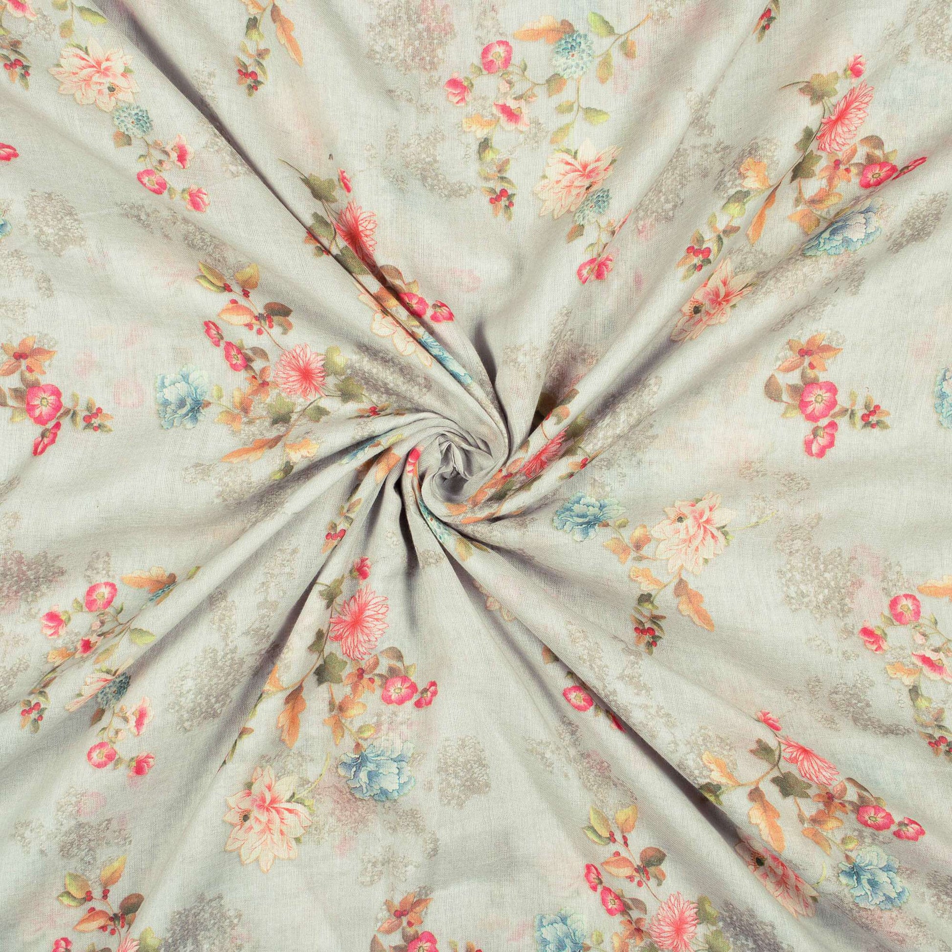 Cloudy Grey And Pink Floral  Pattern Digital Print Pure Cotton Mulmul Fabric - Fabcurate