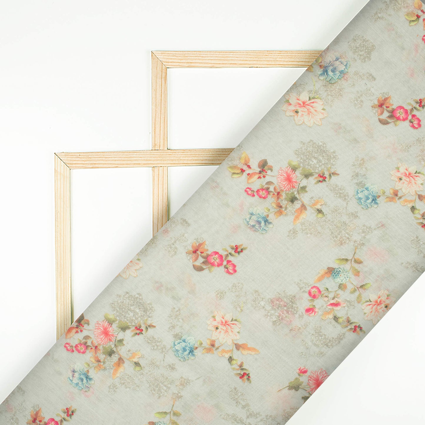 Cloudy Grey And Pink Floral Pattern Digital Print Pure Cotton Mulmul Fabric - Fabcurate