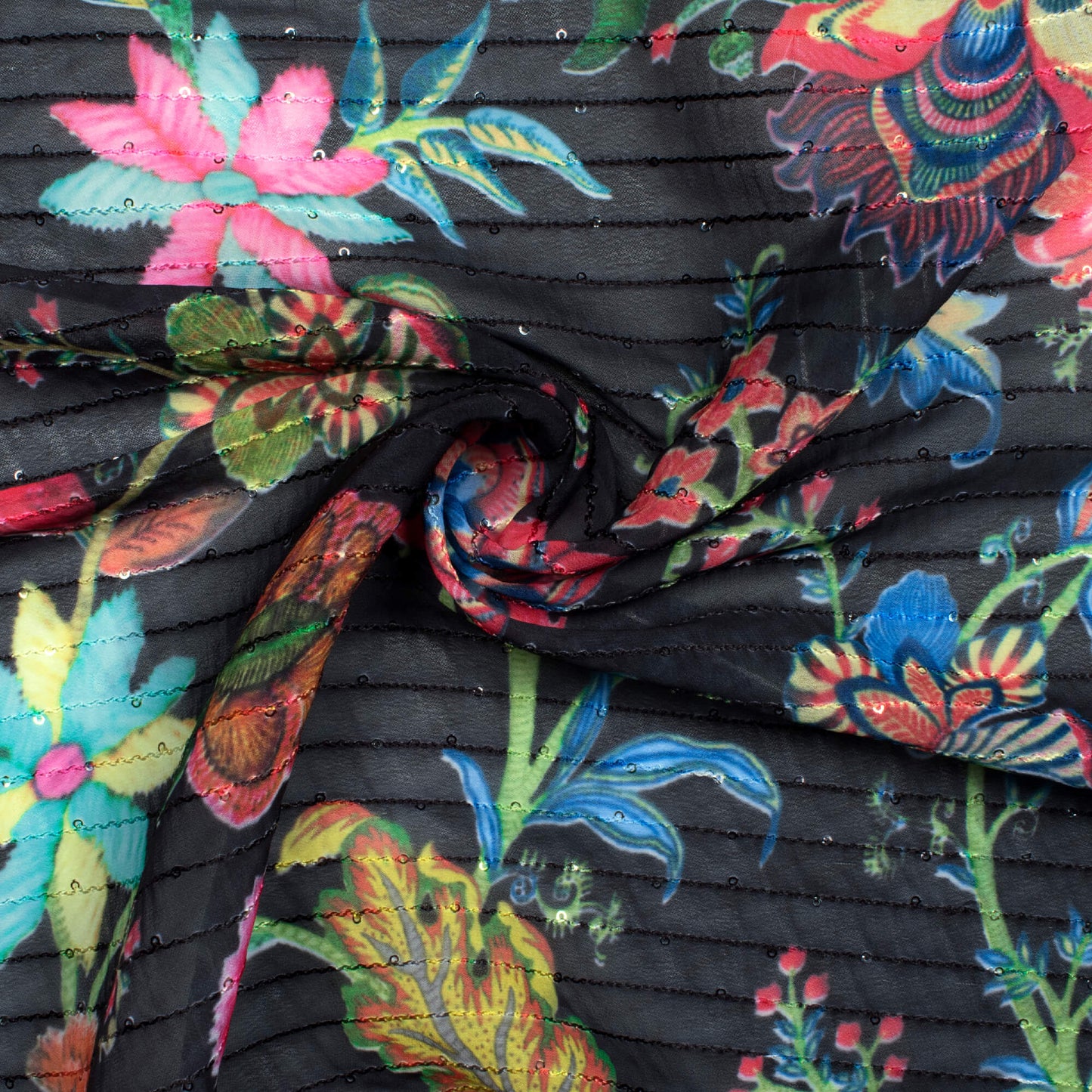 Black And Multi-Color Floral Pattern Digital Print Sequins Premium Georgette Fabric - Fabcurate