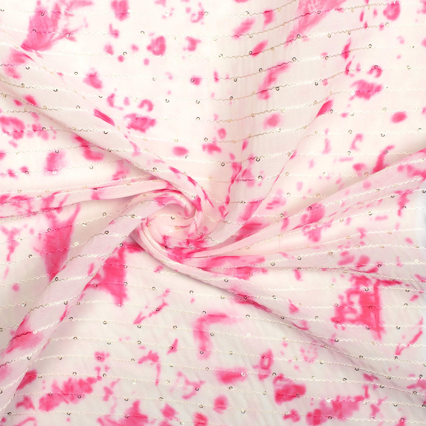 Fuchsia And White Tie & Dye Pattern Digital Print Sequins Premium Georgette Fabric - Fabcurate