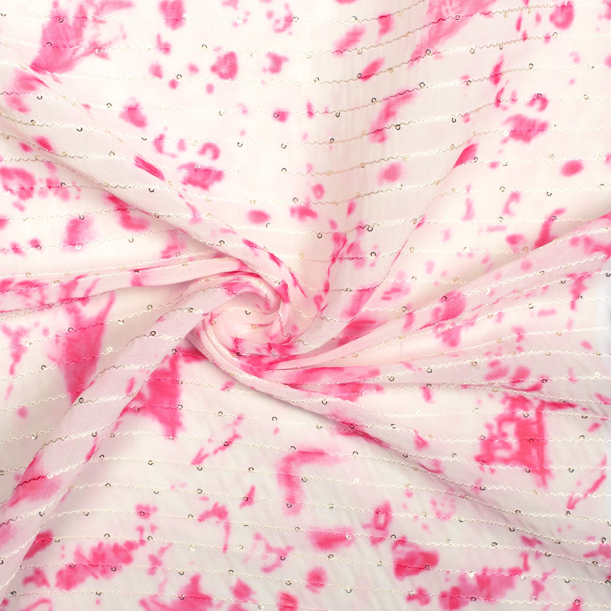 Fuchsia And White Tie & Dye Pattern Digital Print Sequins Premium Georgette Fabric - Fabcurate