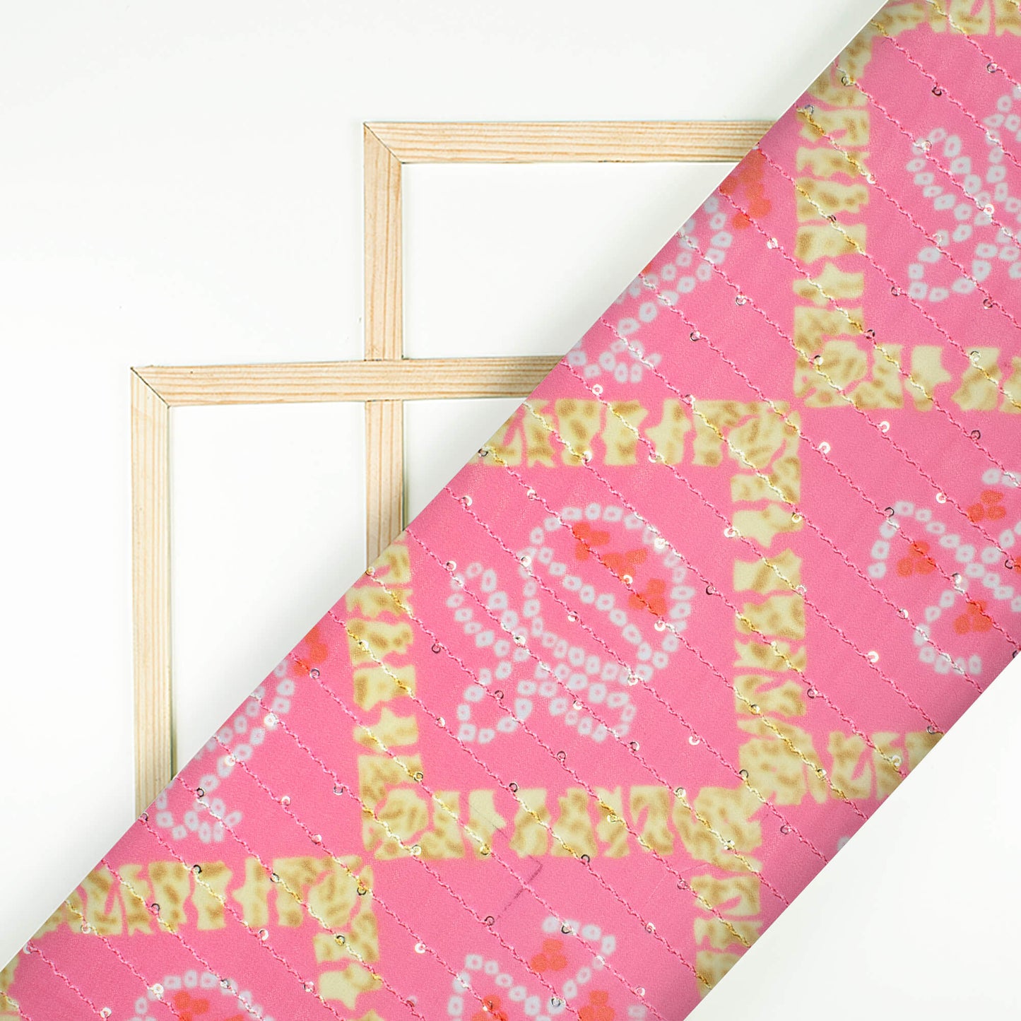 Pink And Laguna Yellow Patola Pattern Digital Print Sequins Premium Georgette Fabric - Fabcurate