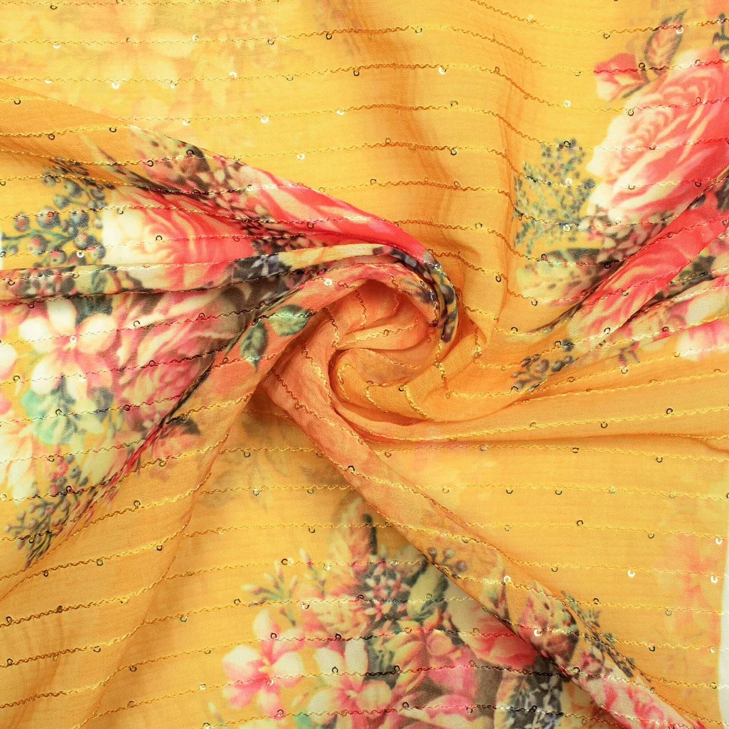 Honey Yellow And Orange Floral Pattern Digital Print Premium Sequins Georgette Fabric