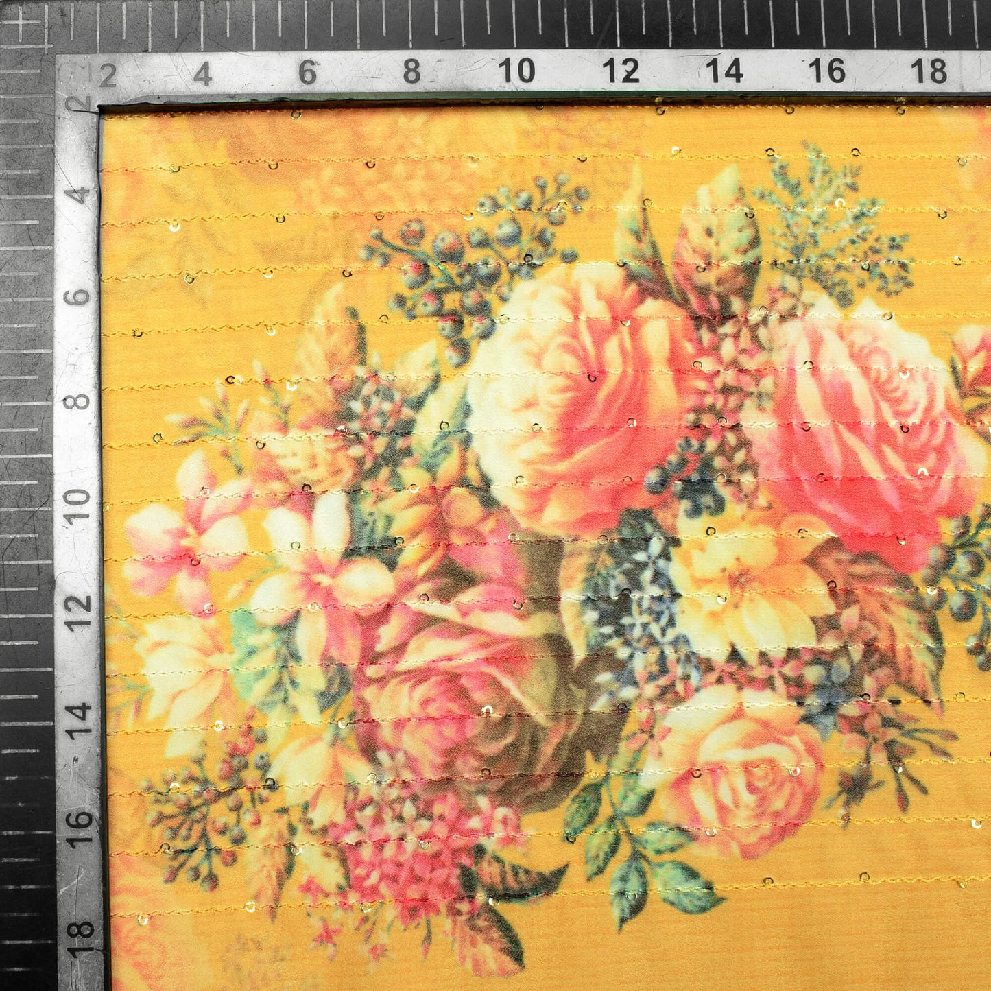 Honey Yellow And Orange Floral Pattern Digital Print Premium Sequins Georgette Fabric