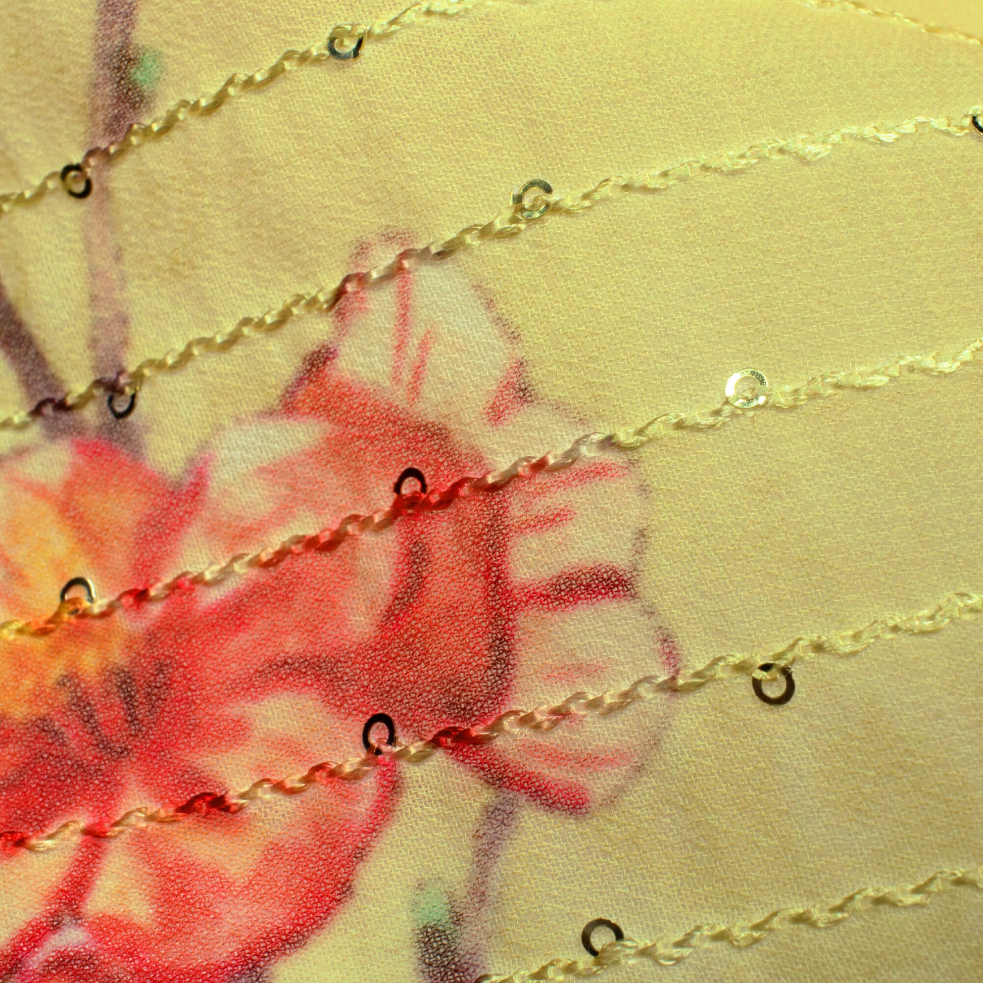 Laguna Yellow And Red Floral Pattern Digital Print Sequins Premium Georgette Fabric - Fabcurate