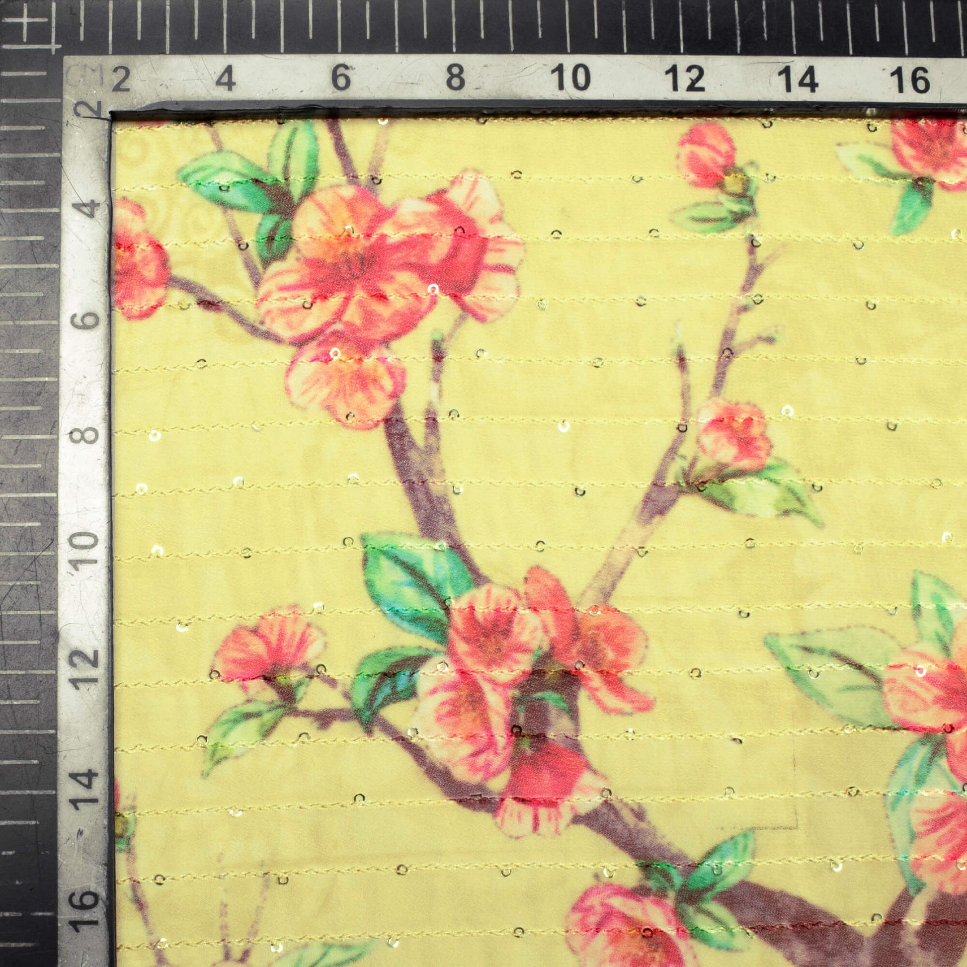 Laguna Yellow And Red Floral Pattern Digital Print Sequins Premium Georgette Fabric - Fabcurate
