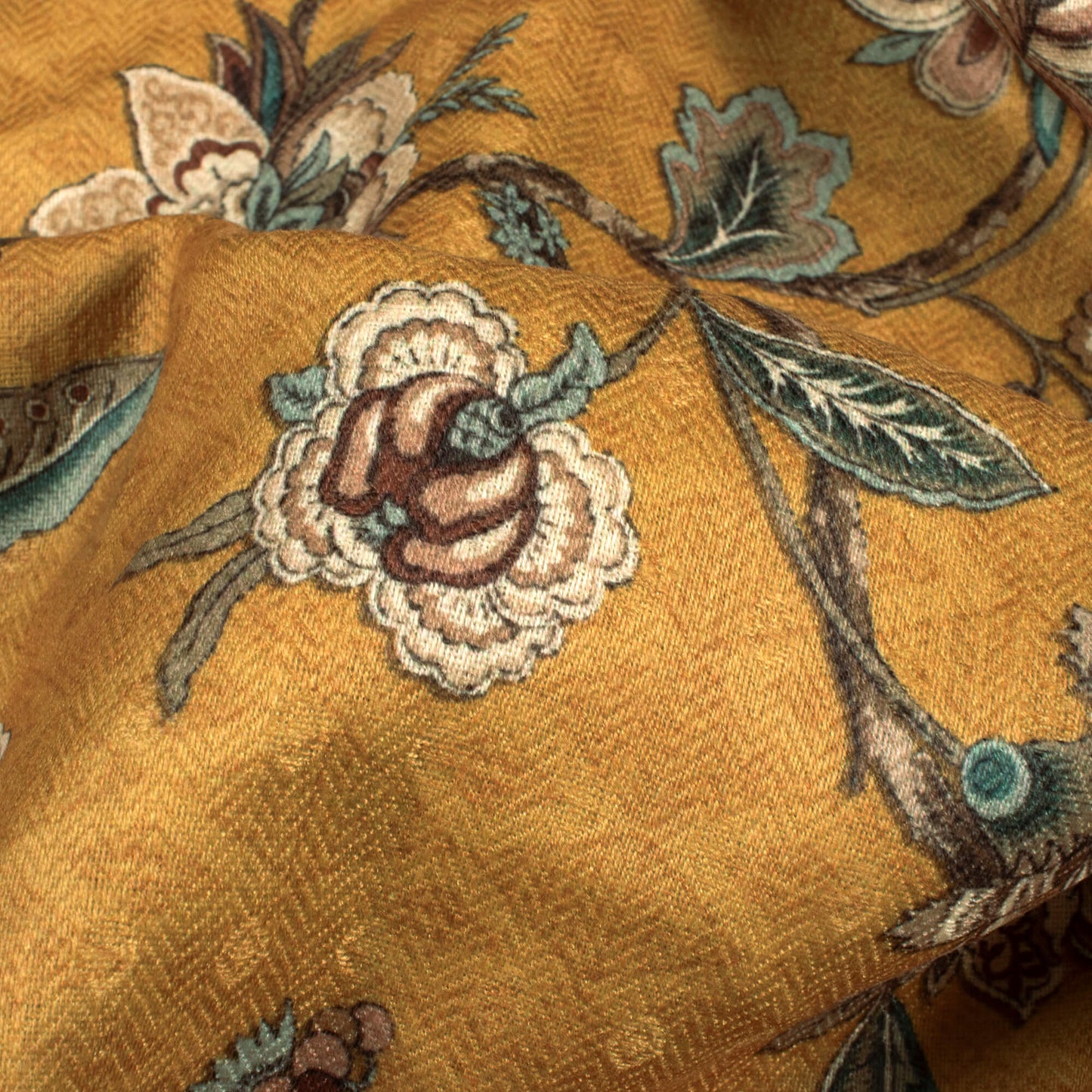 Dijjon Yellow And Brown Floral Pattern Digital Print Elegant Blend Pashmina Fabric