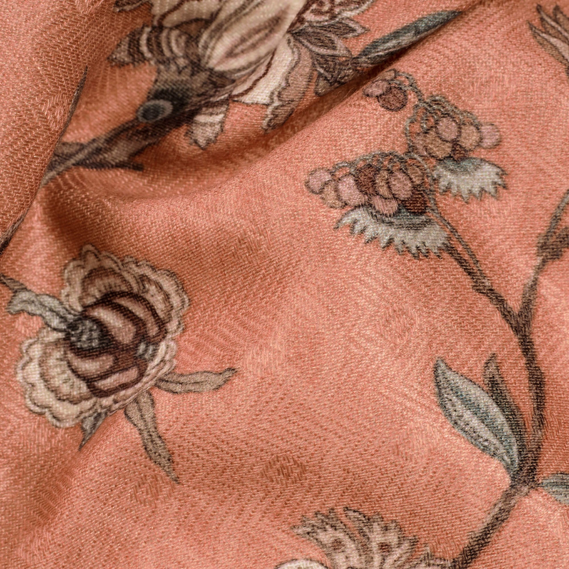 Sienna Brown Floral Pattern Digital Print Elegant Blend Pashmina Fabric - Fabcurate