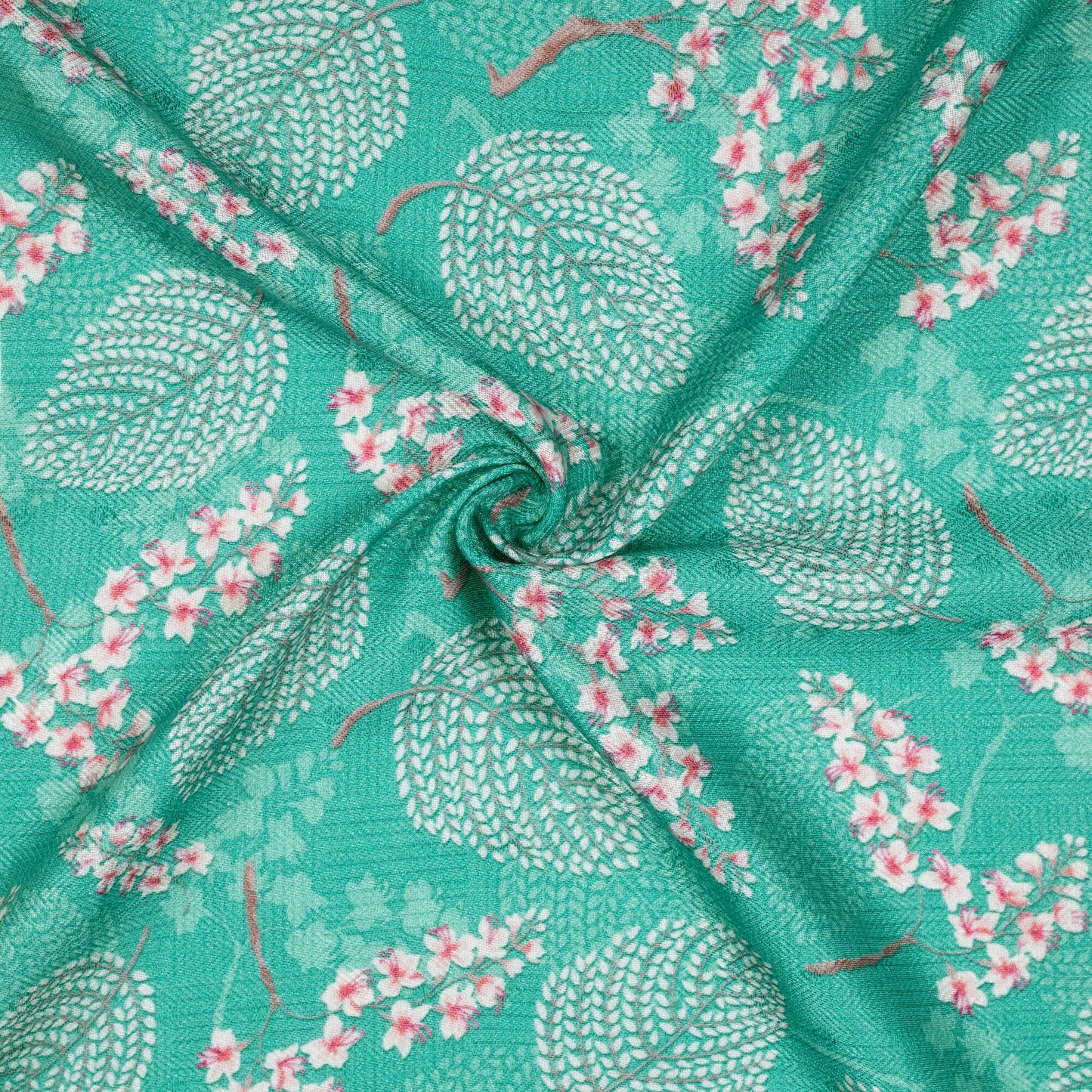 Turquoise Blue And Pink Leaf Pattern Digital Print Elegant Blend Pashmina Fabric - Fabcurate