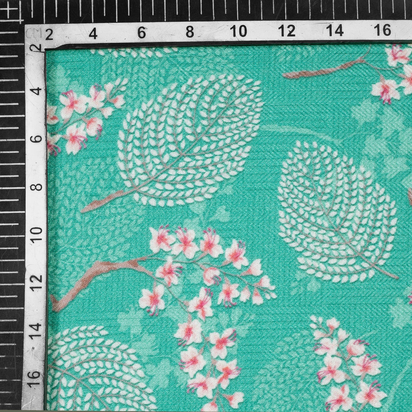 Turquoise Blue And Pink Leaf Pattern Digital Print Elegant Blend Pashmina Fabric - Fabcurate