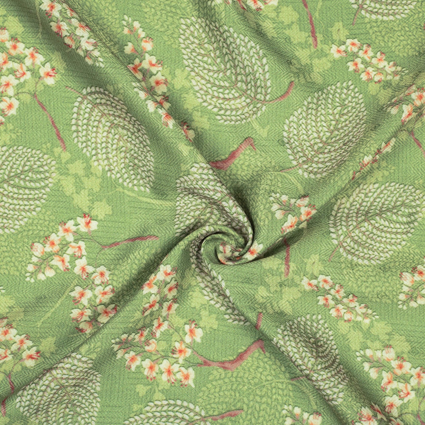 Moss Green And Pink Leaf Pattern Digital Print Elegant Blend Pashmina Fabric - Fabcurate