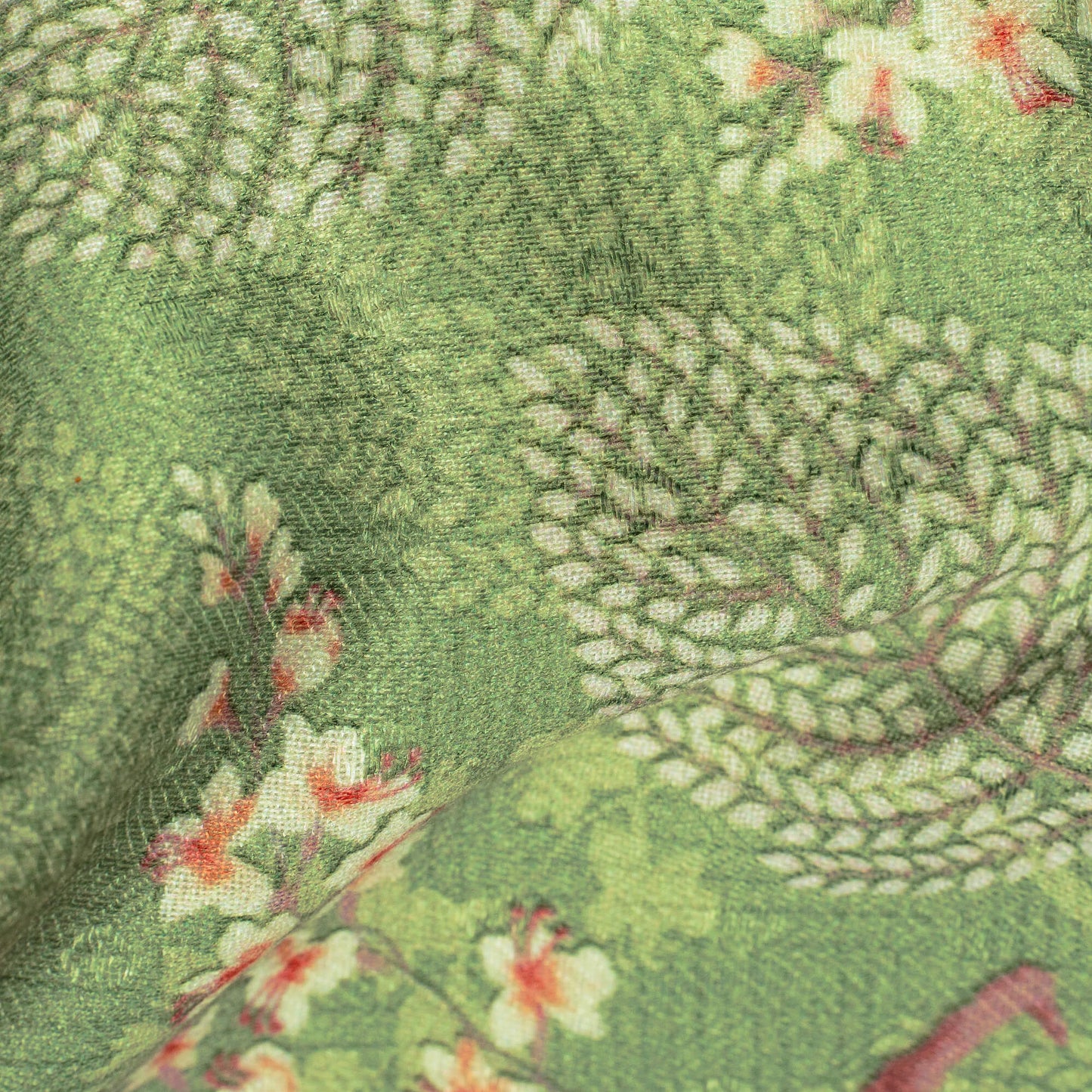 Moss Green And Pink Leaf Pattern Digital Print Elegant Blend Pashmina Fabric - Fabcurate