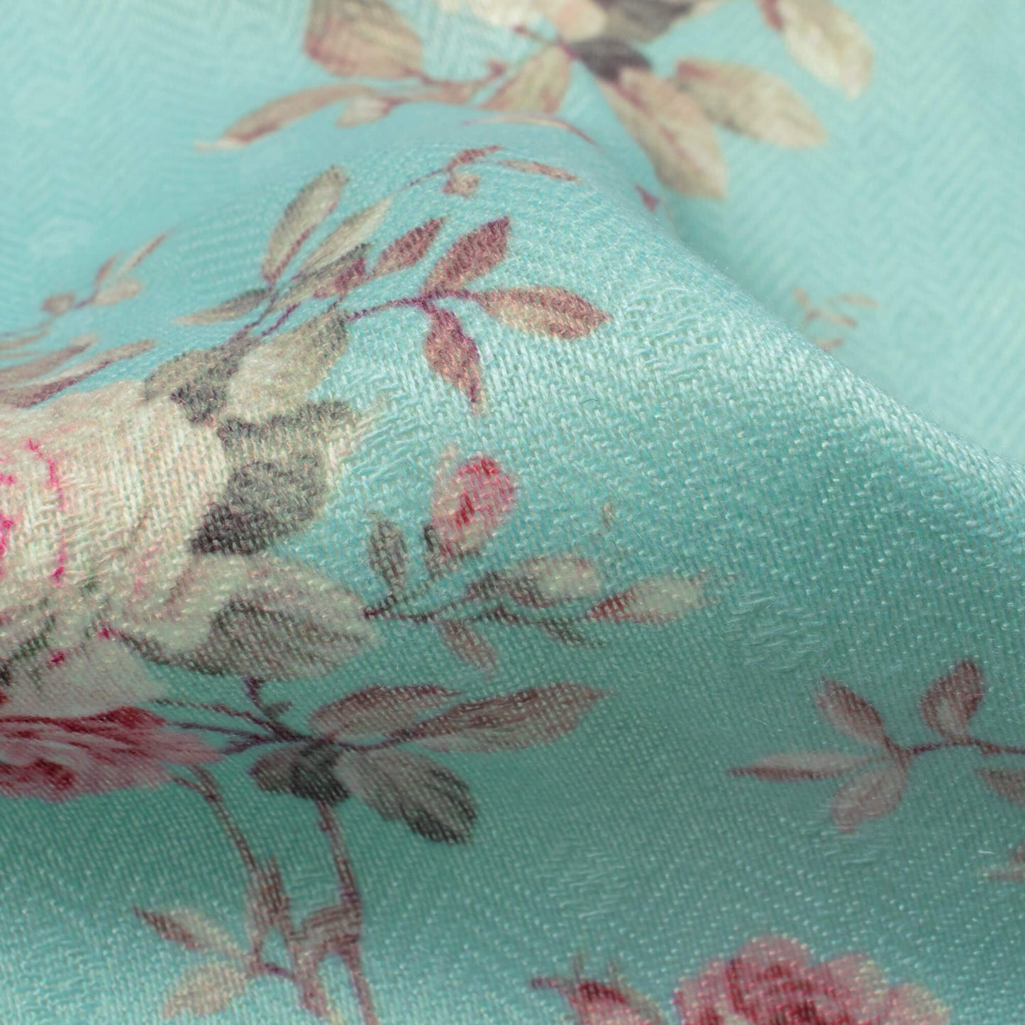 Sky Blue And Pink Floral Pattern Digital Print Elegant Blend Pashmina Fabric - Fabcurate