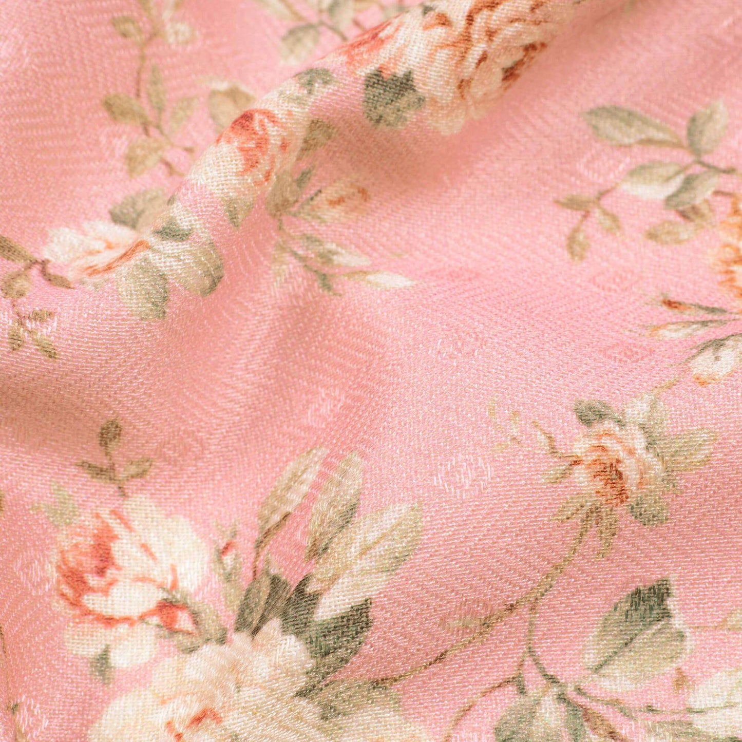 Lamonade Pink And Cream Floral Pattern Digital Print Elegant Blend Pashmina Fabric - Fabcurate