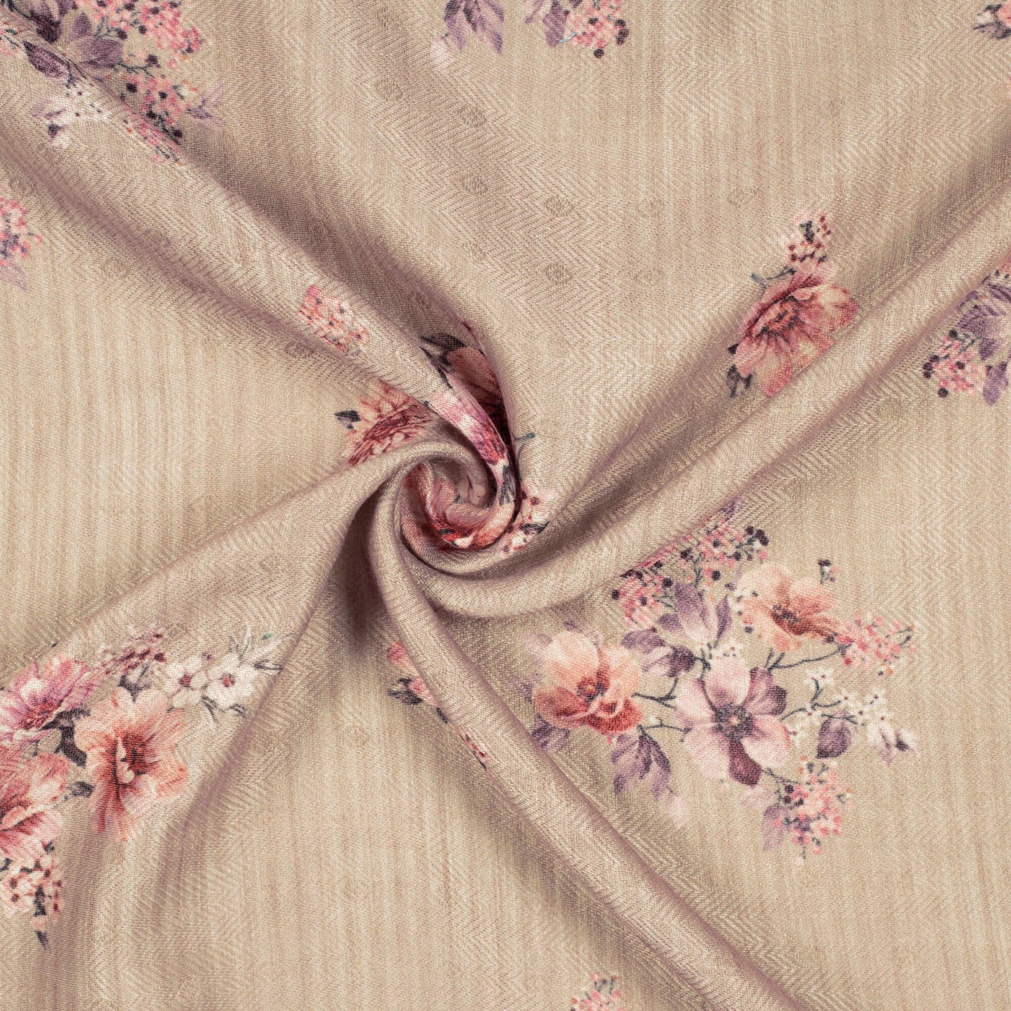 Taupe Beige And Maroon Floral Pattern Digital Print Elegant Blend Pashmina Fabric