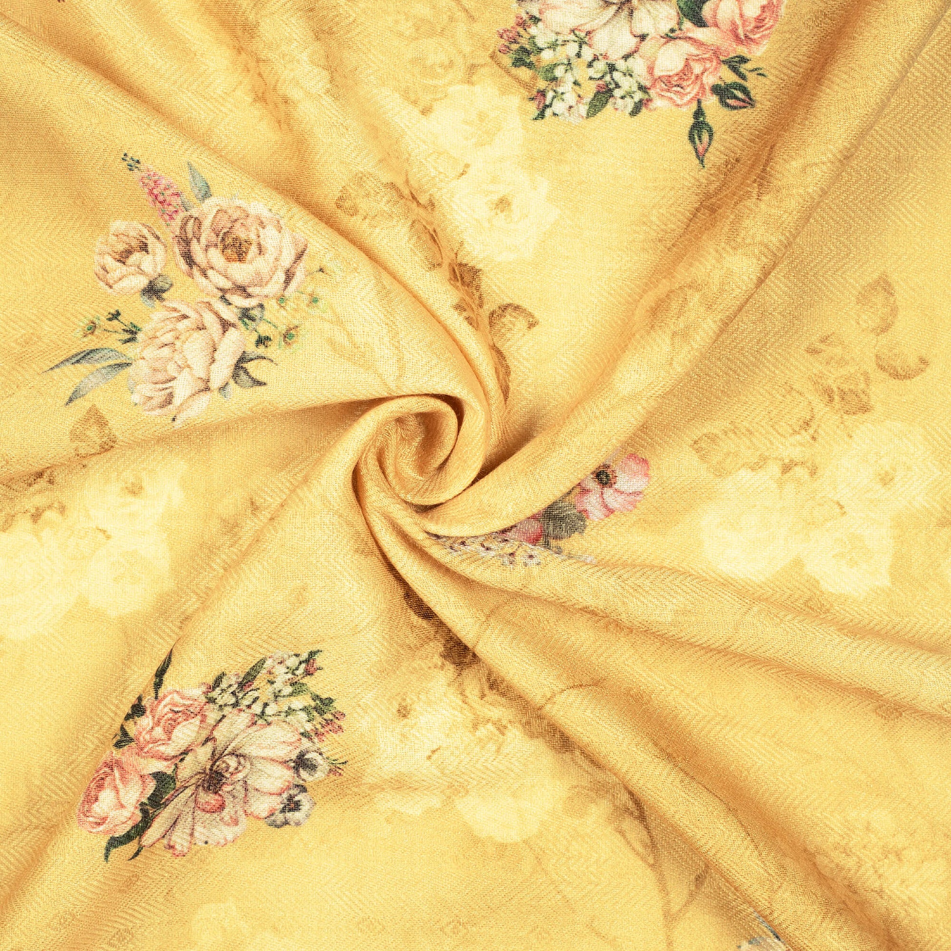 Medallion Yellow Floral Pattern Digital Print Elegant Blend Pashmina Fabric - Fabcurate