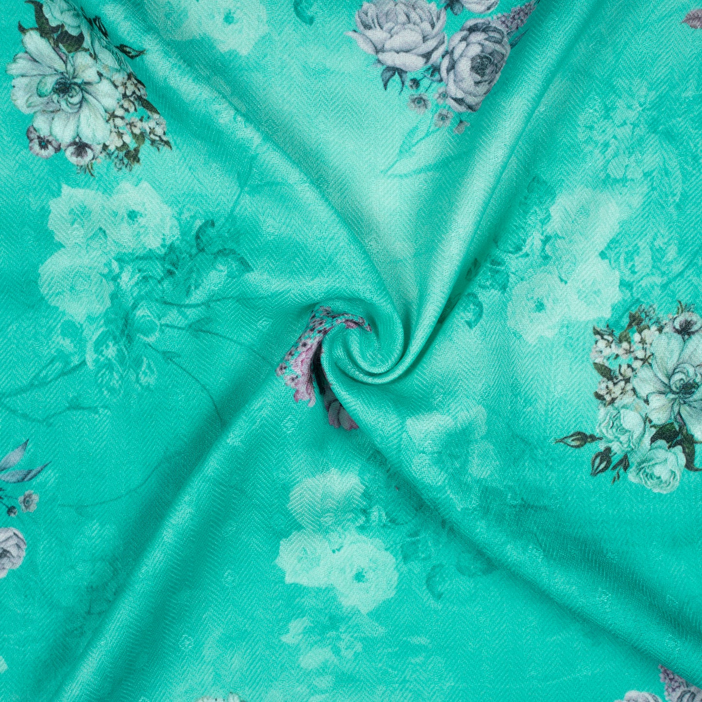 Sea Green And Pink Floral Pattern Digital Print Elegant Blend Pashmina Fabric - Fabcurate