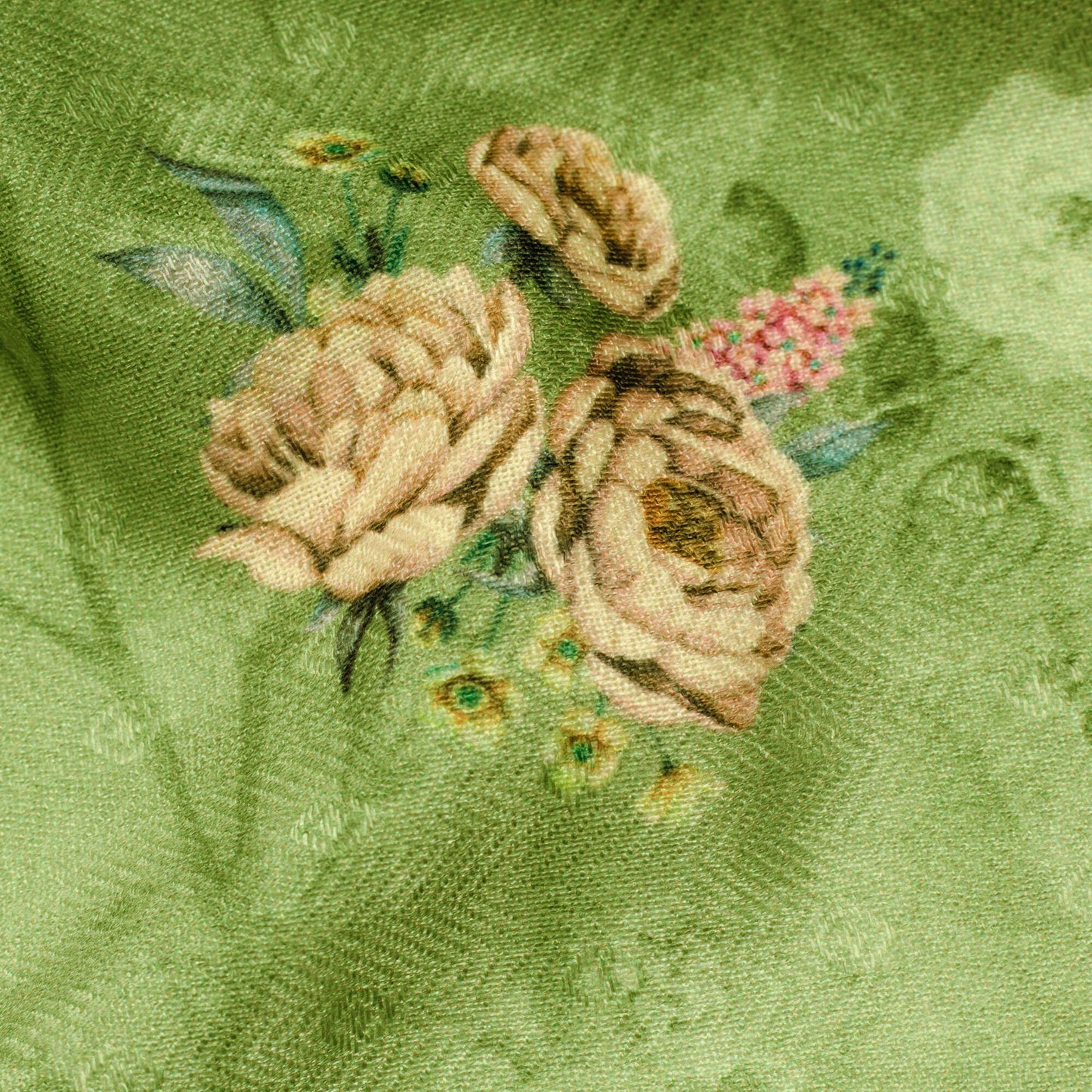 Russian Green And Peach Floral Pattern Digital Print Elegant Blend Pashmina Fabric