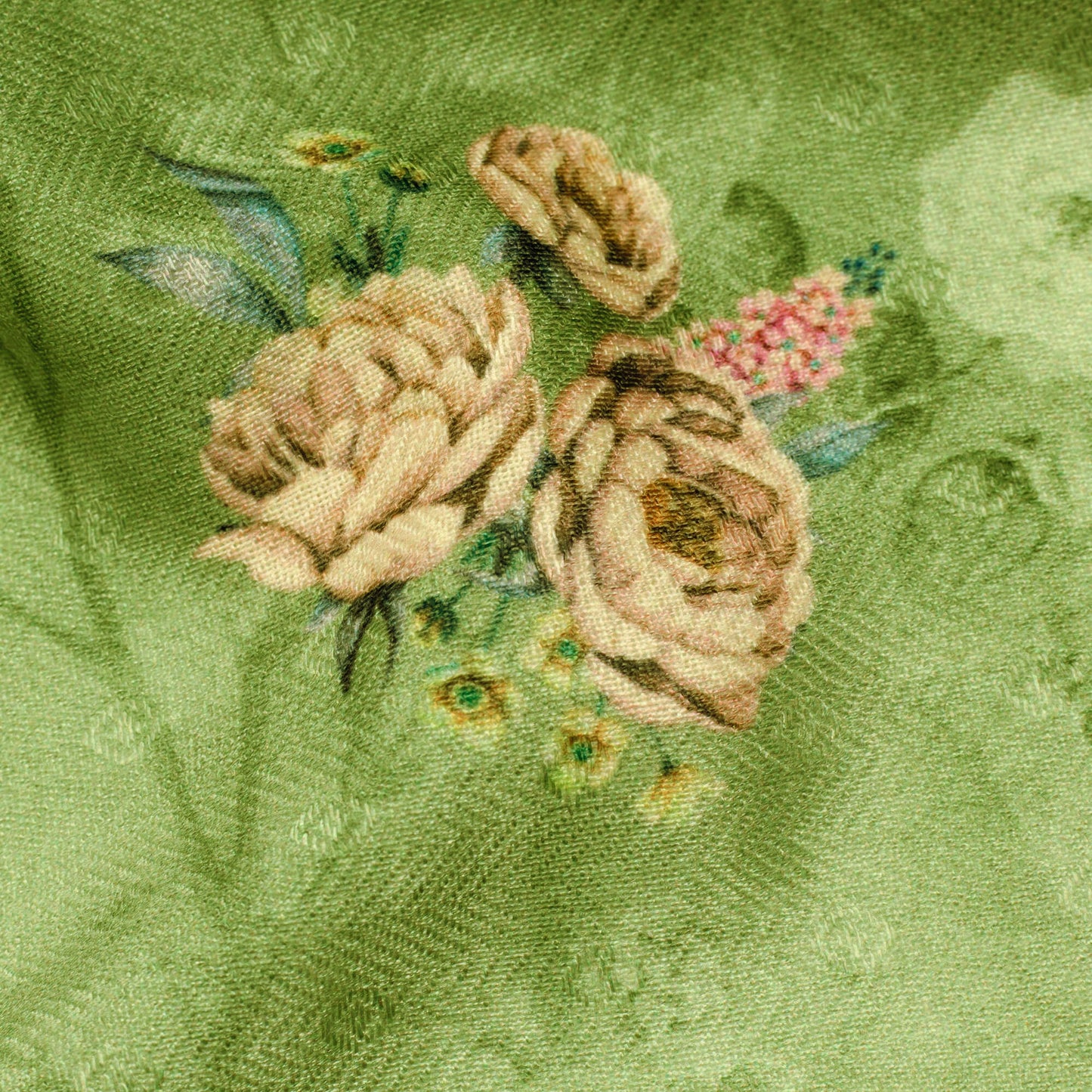 Russian Green And Peach Floral Pattern Digital Print Elegant Blend Pashmina Fabric