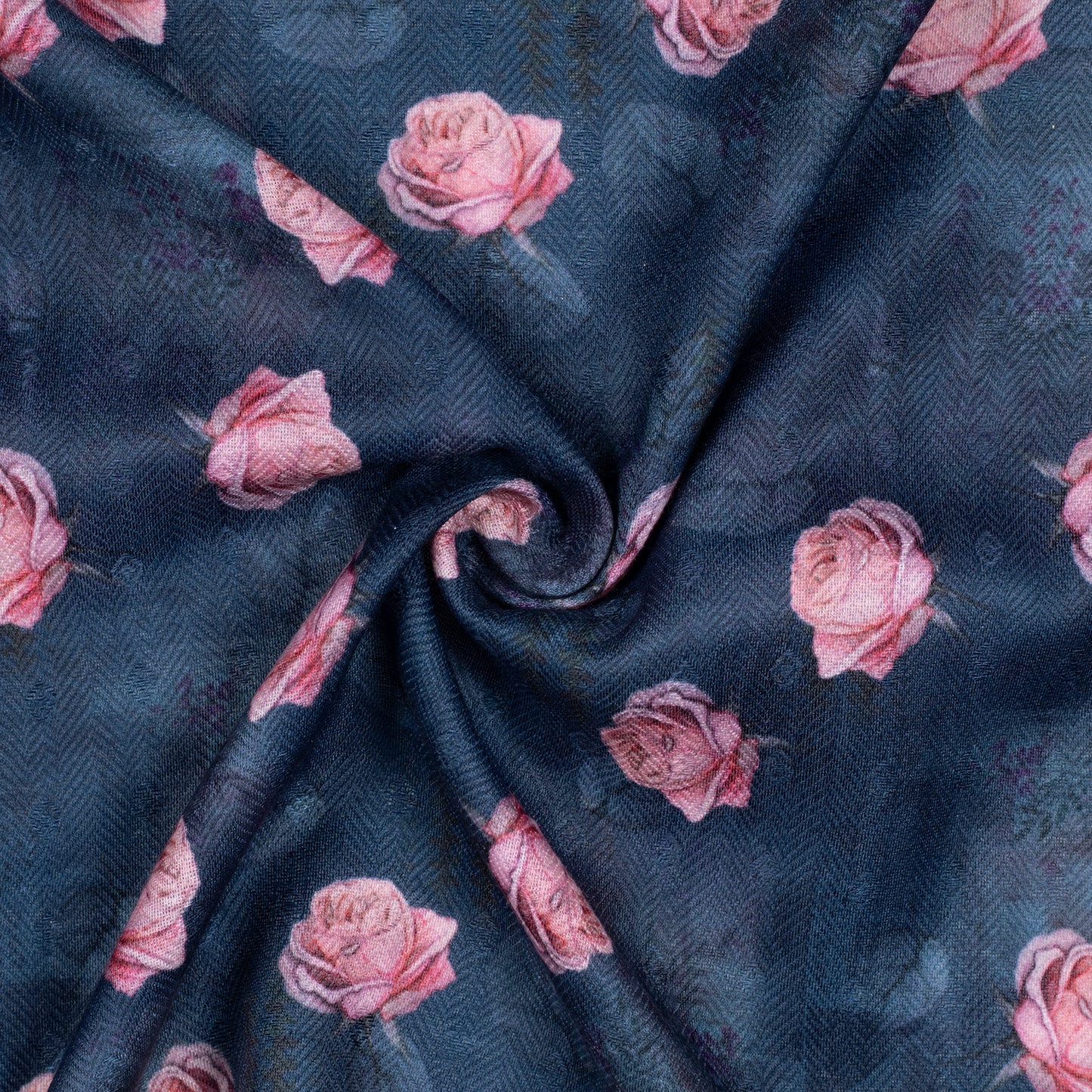 Navy Blue And Pink Floral Pattern Digital Print Elegant Blend Pashmina Fabric - Fabcurate