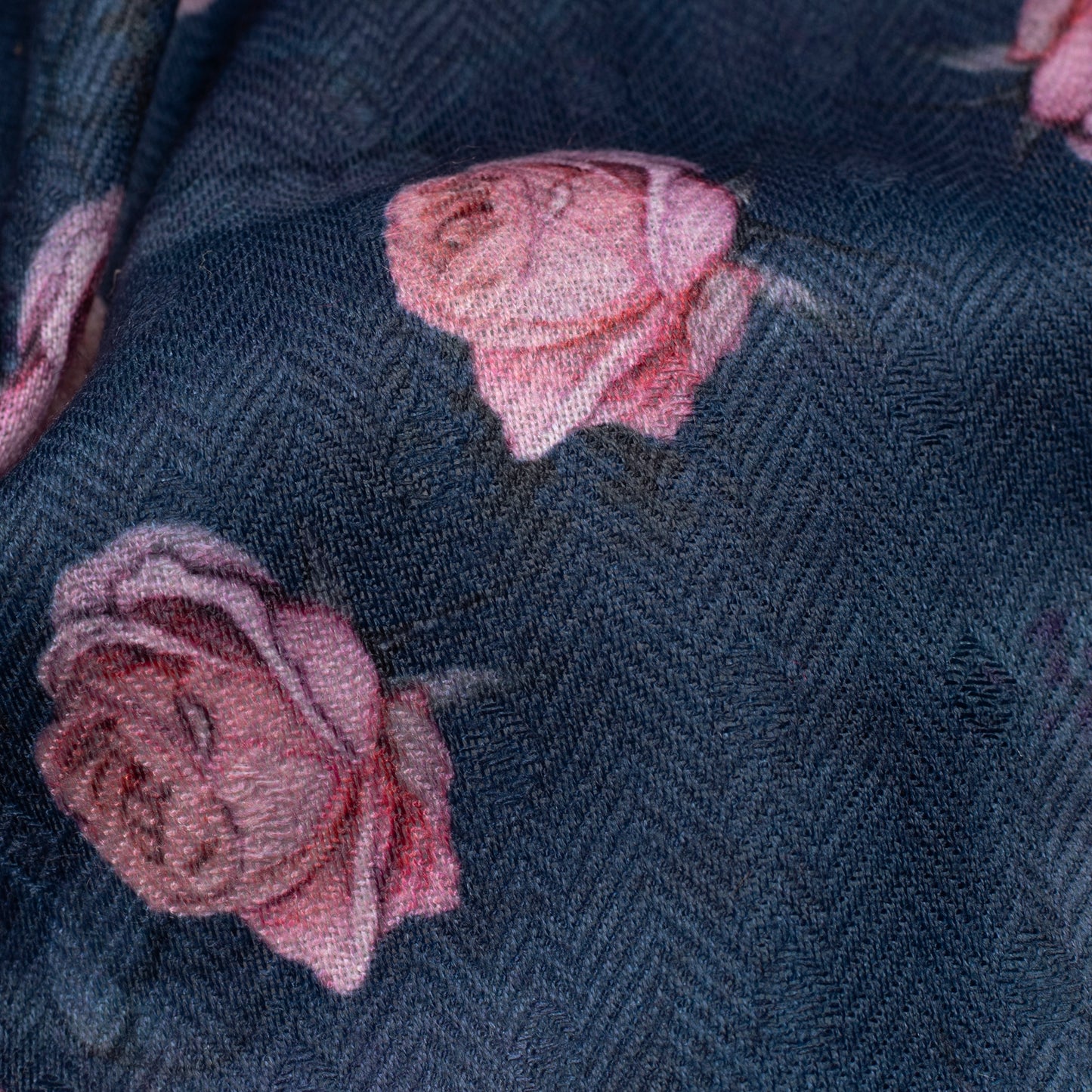 Navy Blue And Pink Floral Pattern Digital Print Elegant Blend Pashmina Fabric - Fabcurate