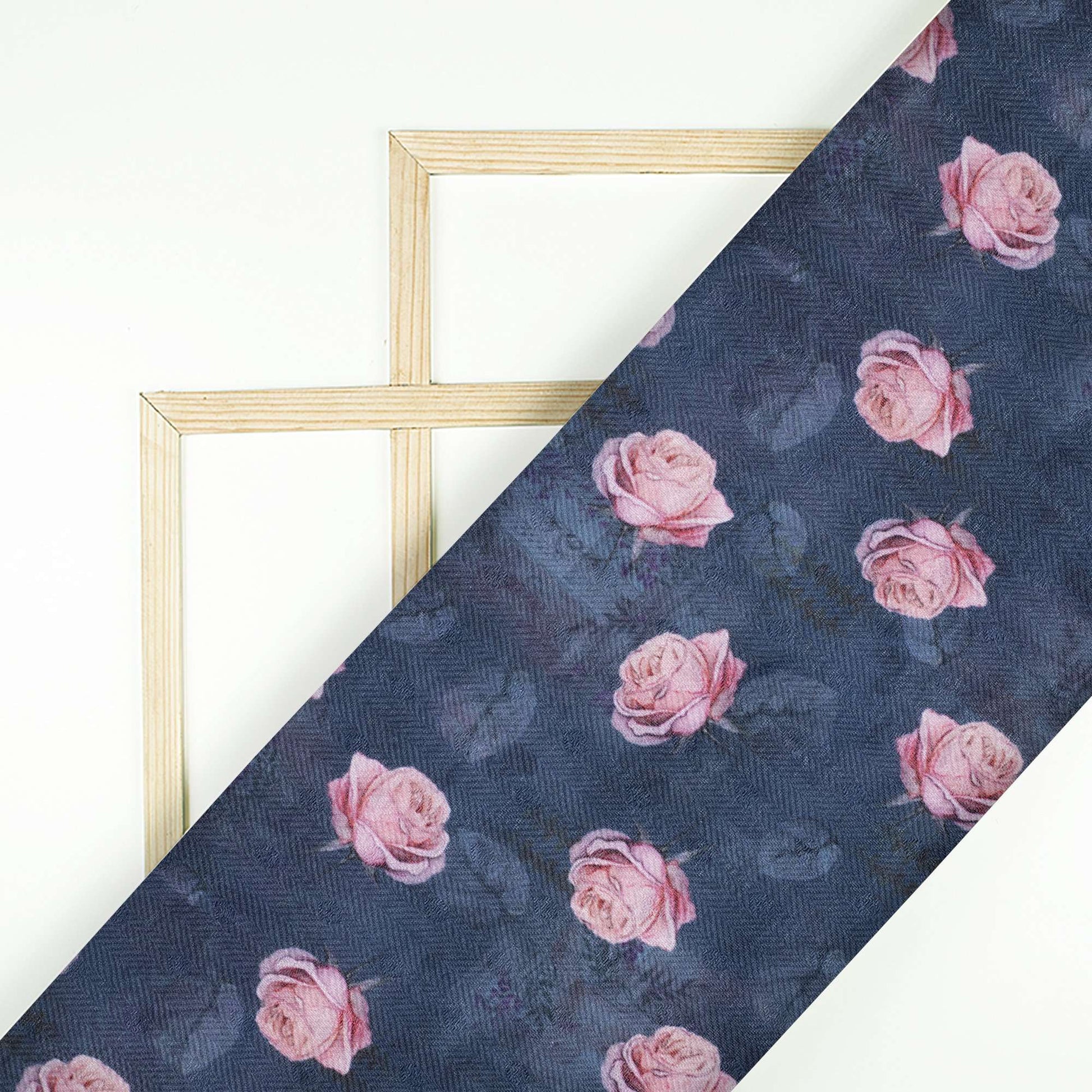 Navy Blue And Pink Floral Pattern Digital Print Elegant Blend Pashmina Fabric - Fabcurate