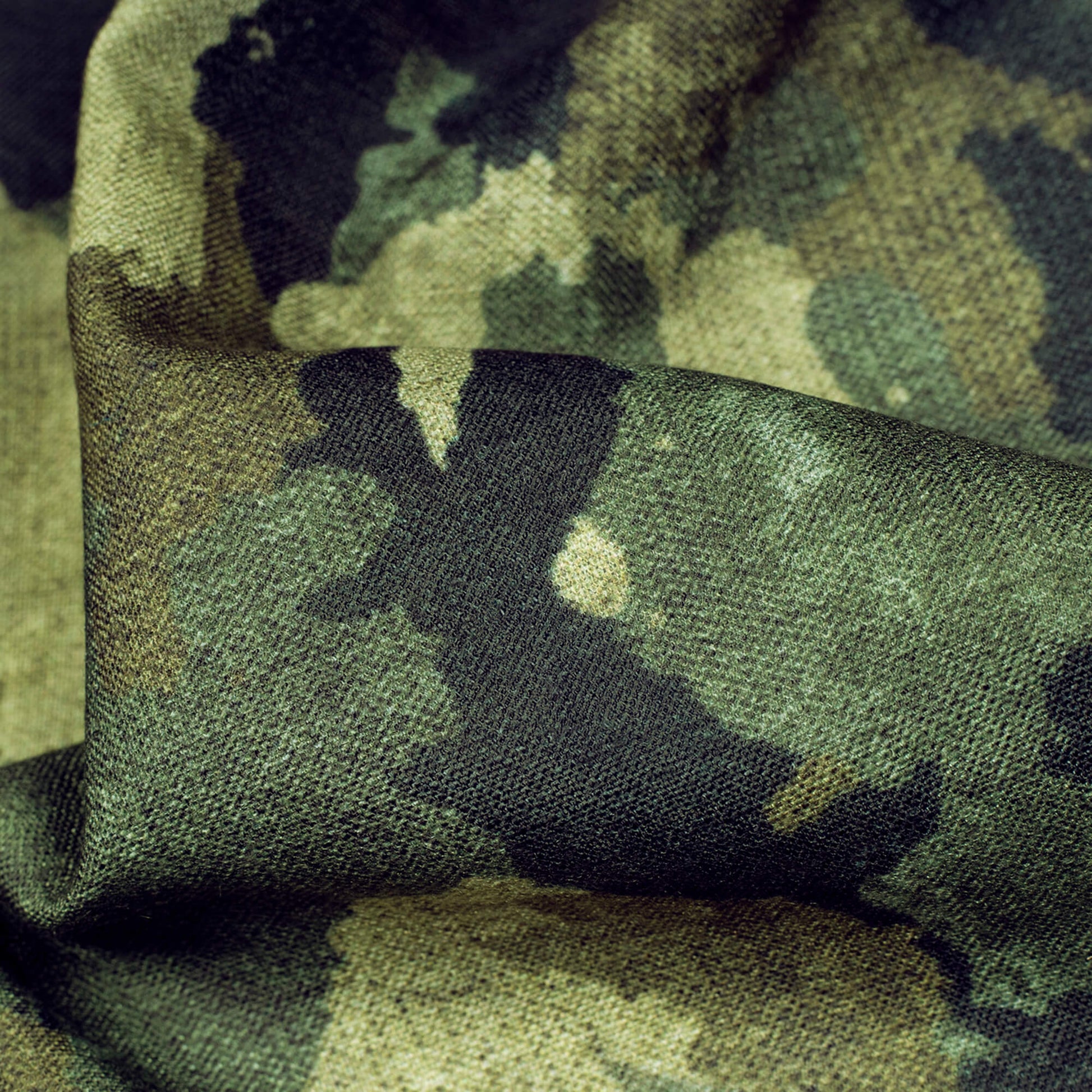 Army Green And Black Camouflage Digital Print Linen Textured Fabric (Width 56 Inches) - Fabcurate