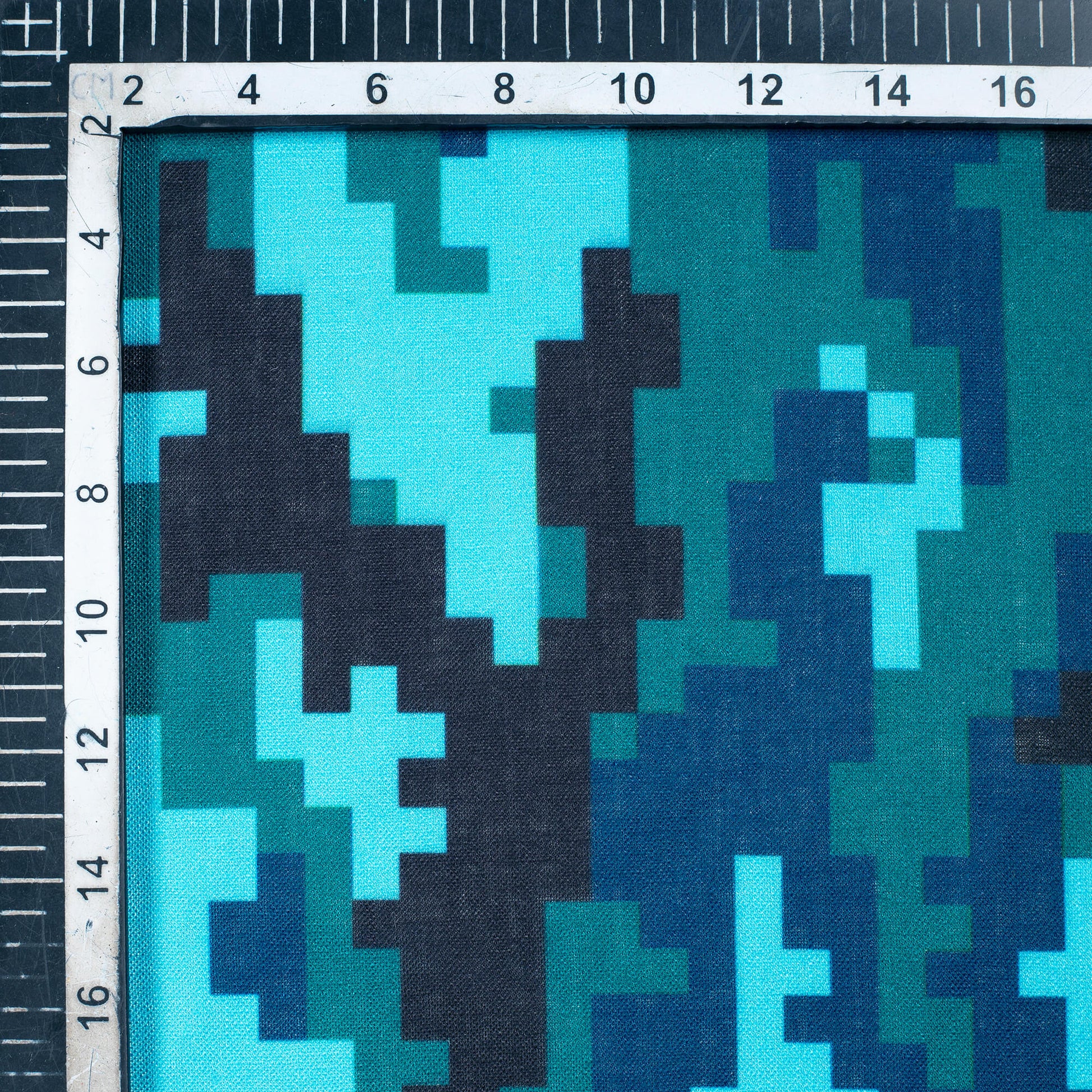Peacock Green And Sky Blue Camouflage Digital Print Linen Textured Fabric (Width 56 Inches) - Fabcurate