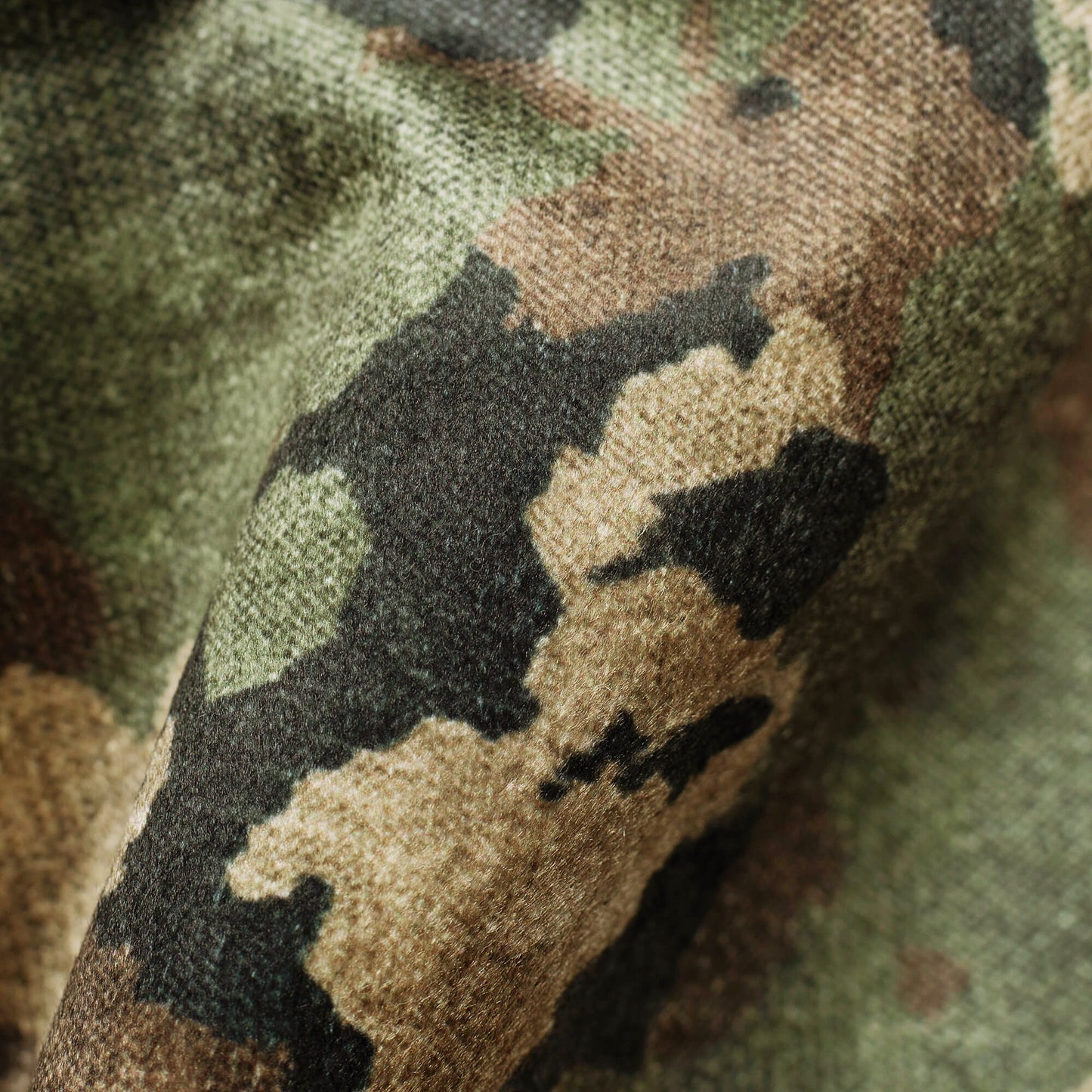 Beige And Army Green Camouflage Digital Print Velvet Fabric (Width 58 Inches)