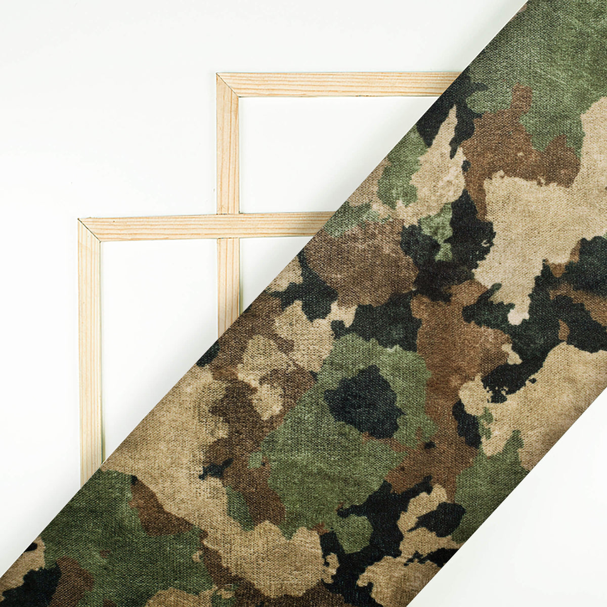 Beige And Army Green Camouflage Digital Print Velvet Fabric (Width 58 Inches)