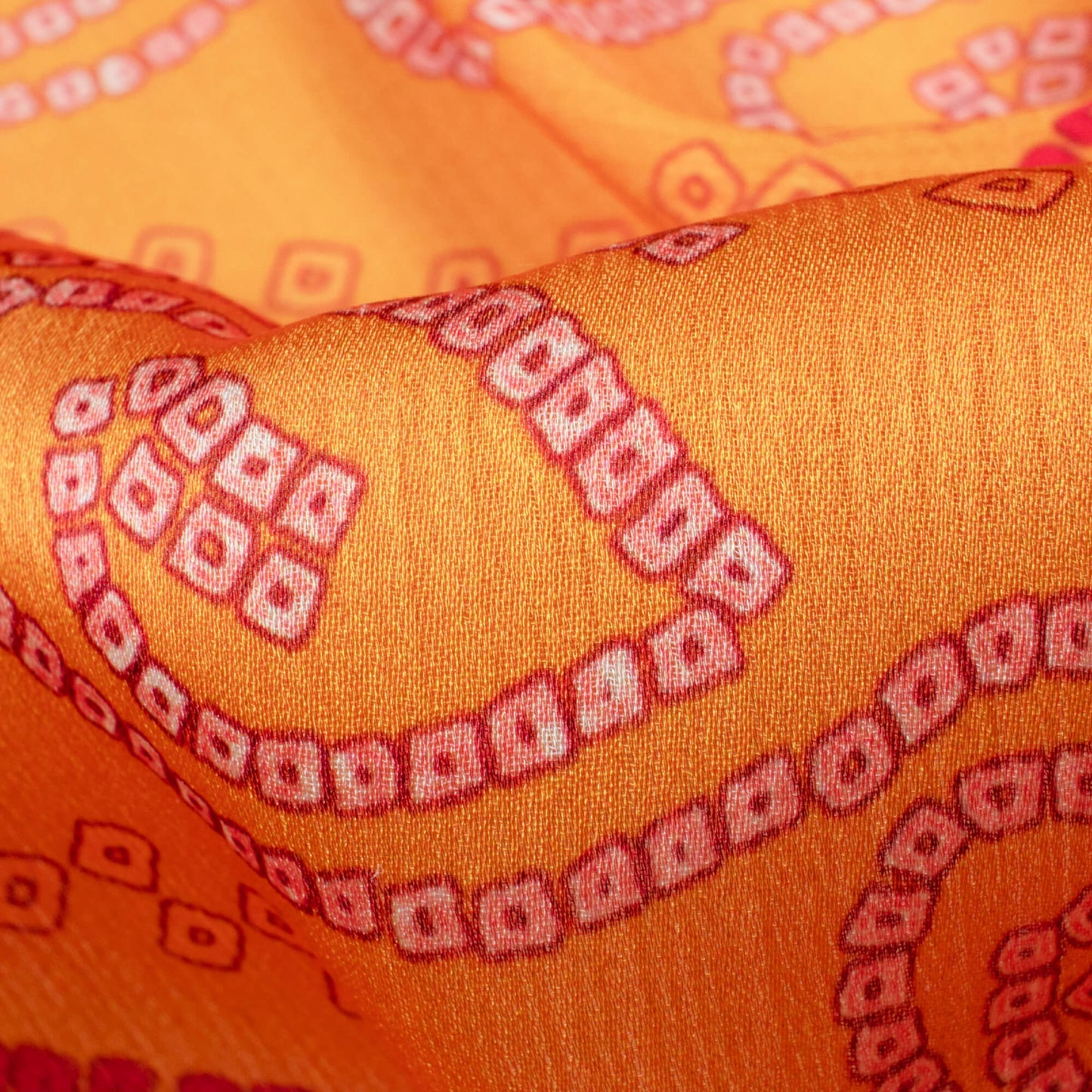 Gold Yellow And Red Bandhani Pattern Digital Print Chiffon Satin Fabric - Fabcurate