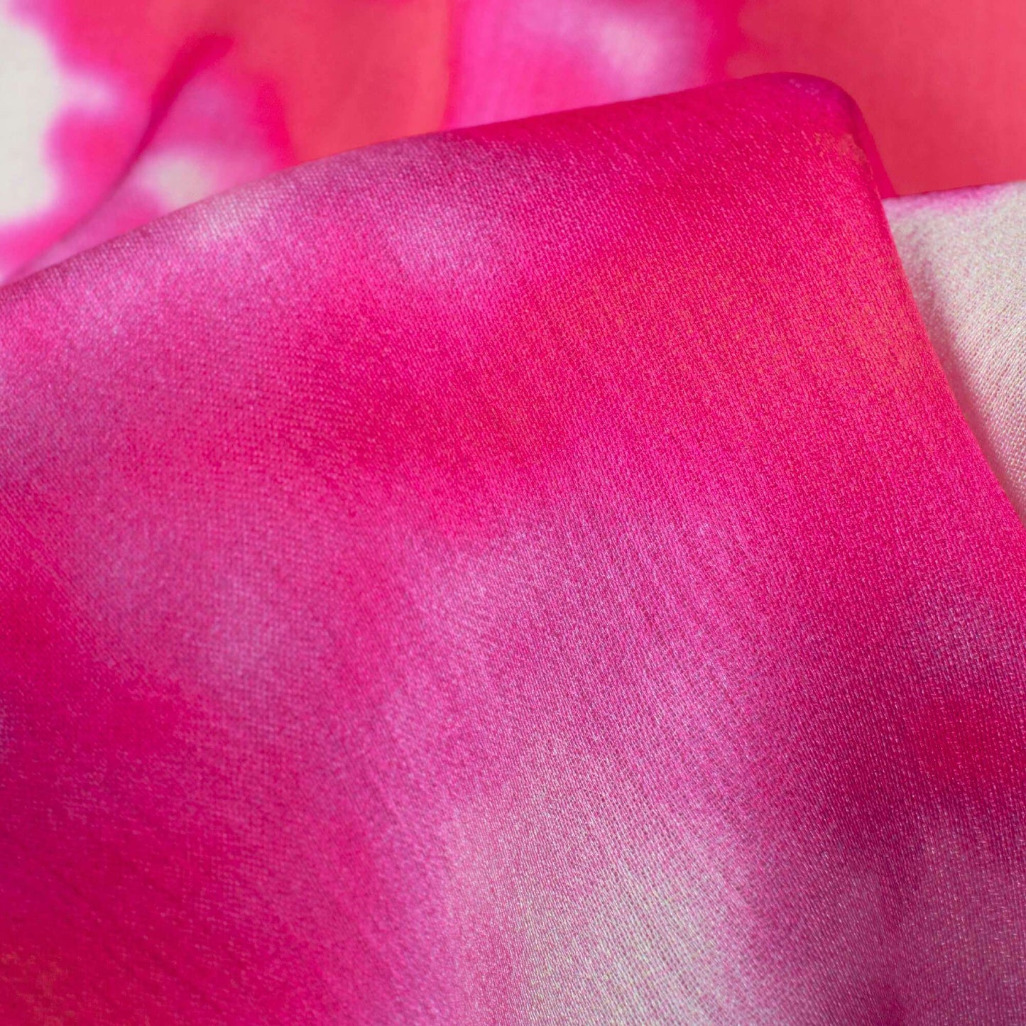 Oyster Beige And Fuchsia Tie & Dye Pattern Digital Print Chiffon Satin Fabric - Fabcurate