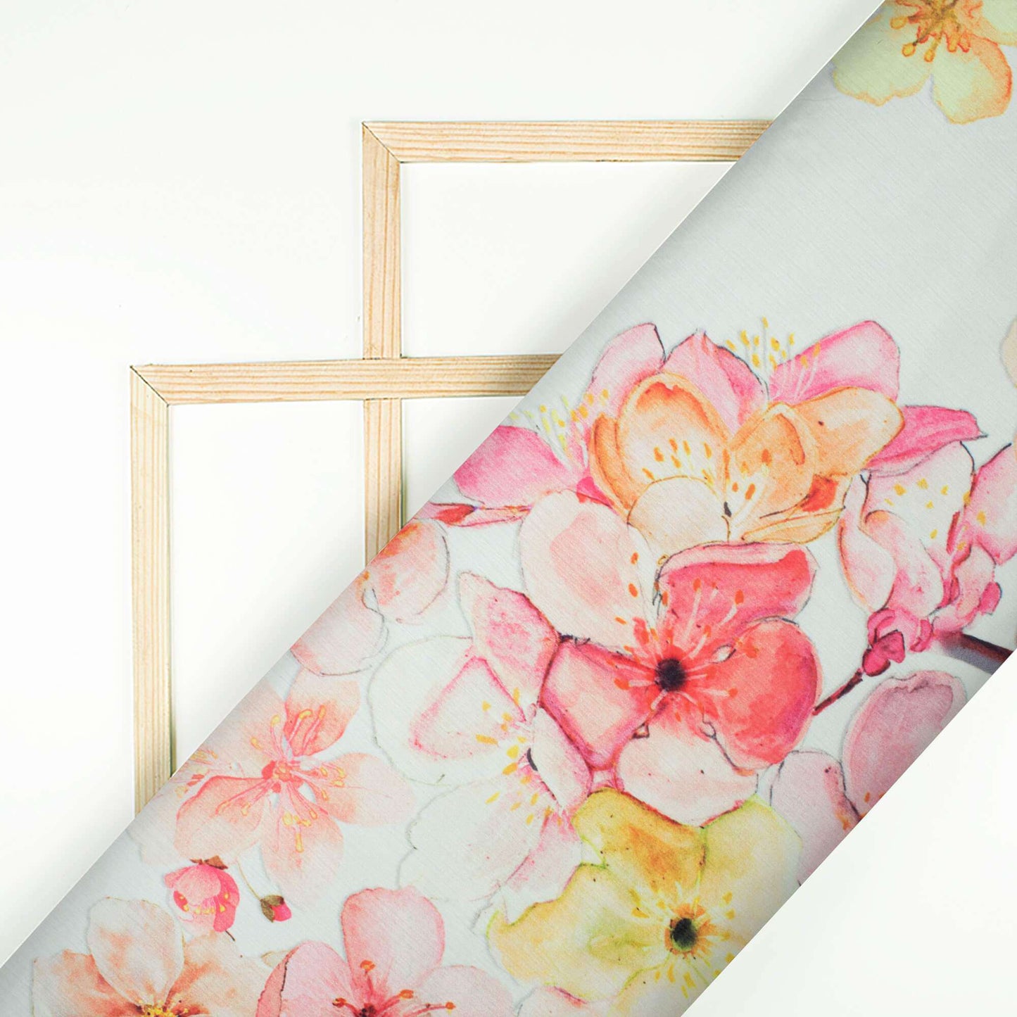 Off White And Pink Floral Pattern Digital Print Chiffon Satin Fabric - Fabcurate