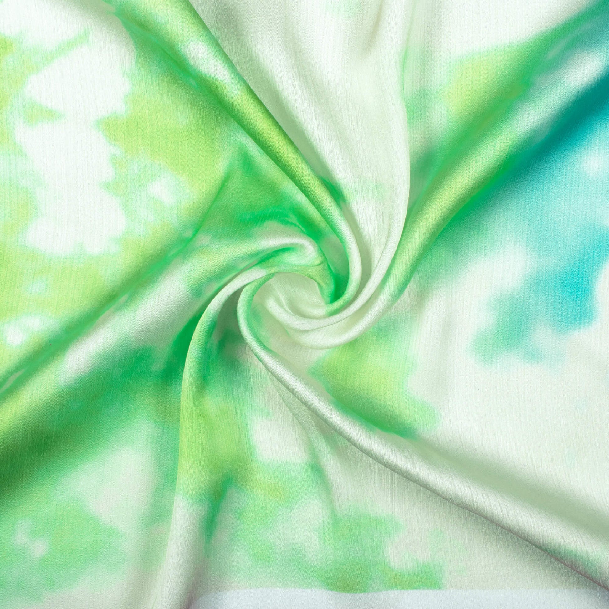 Off White And Liril Green Tie & Dye Pattern Digital Print Chiffon Satin Fabric - Fabcurate
