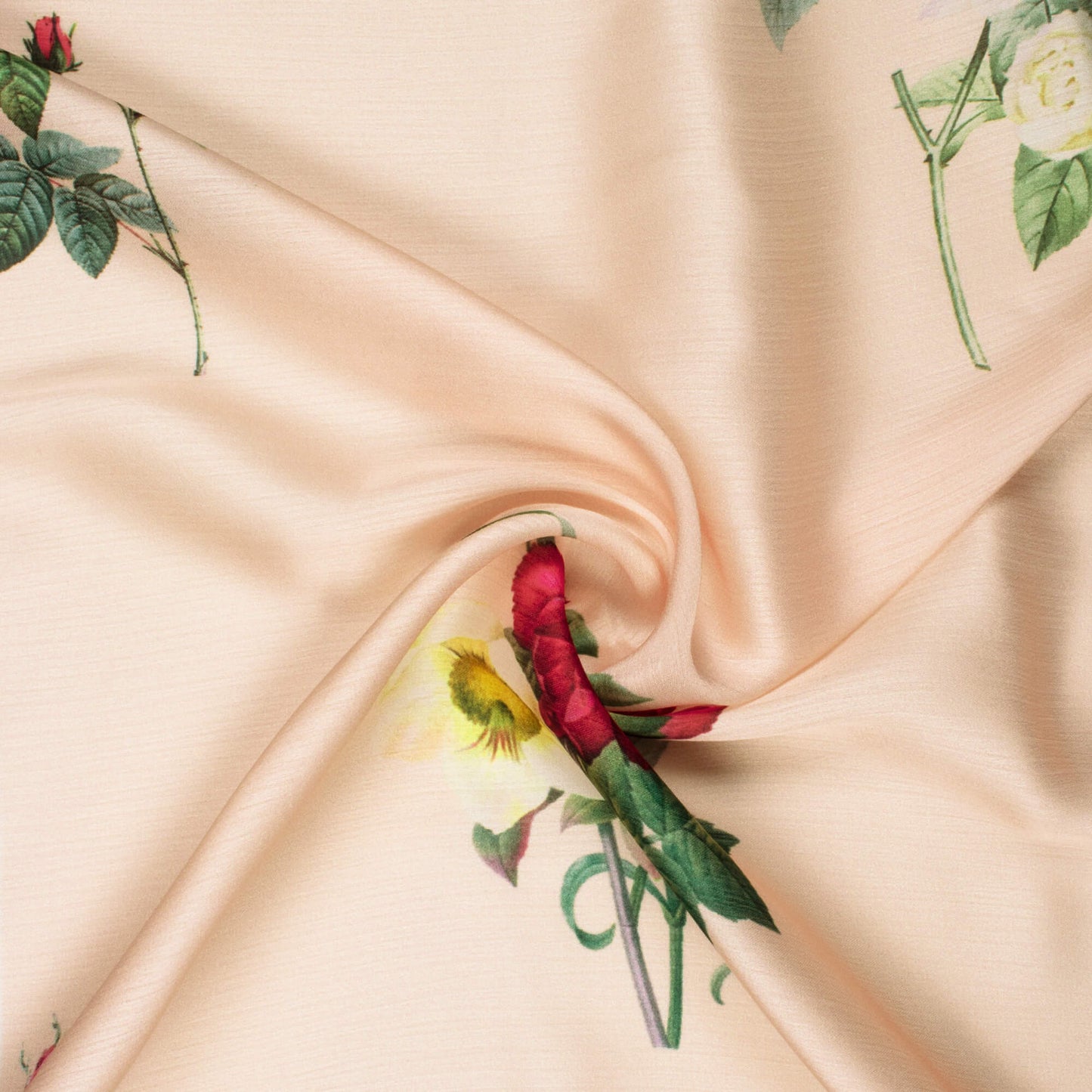Ivory Cream And Pink Floral Pattern Digital Print Chiffon Satin Fabric - Fabcurate