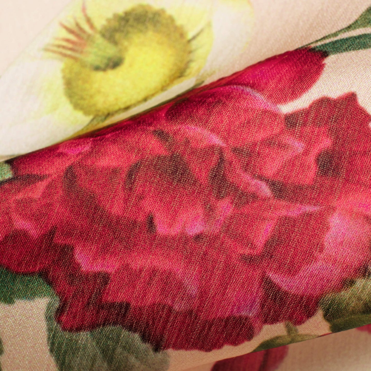 Ivory Cream And Pink Floral Pattern Digital Print Chiffon Satin Fabric - Fabcurate