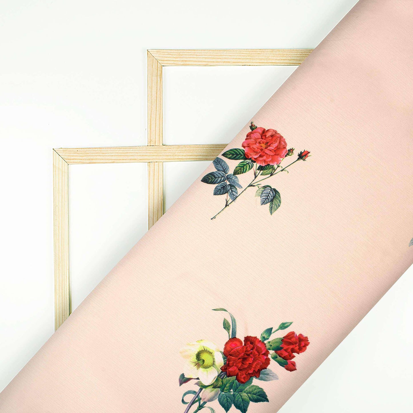 Ivory Cream And Pink Floral Pattern Digital Print Chiffon Satin Fabric - Fabcurate