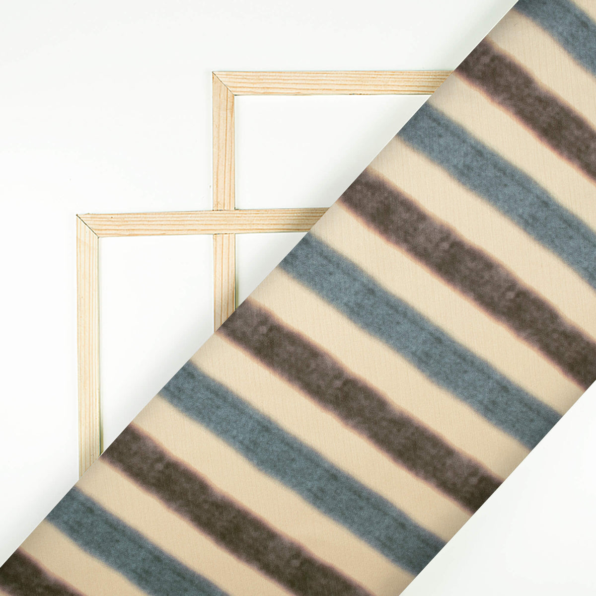 Oyster Beige And Blue Leheriya Pattern Digital Print Chiffon Satin Fabric - Fabcurate